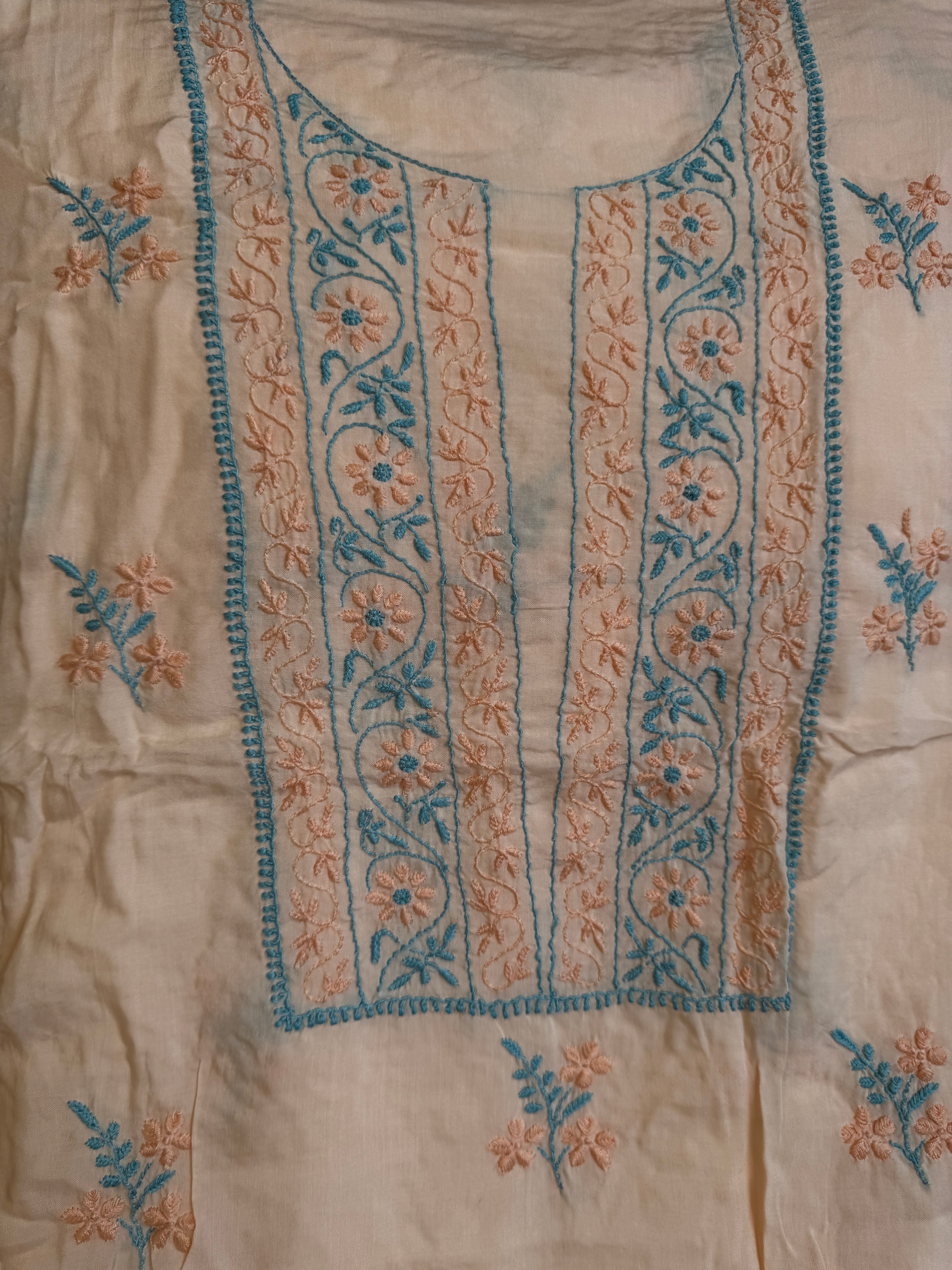 Modal Unstitched Kurti Fabric - Peach- Multi Threadwork ARIAA CHIKANKARI