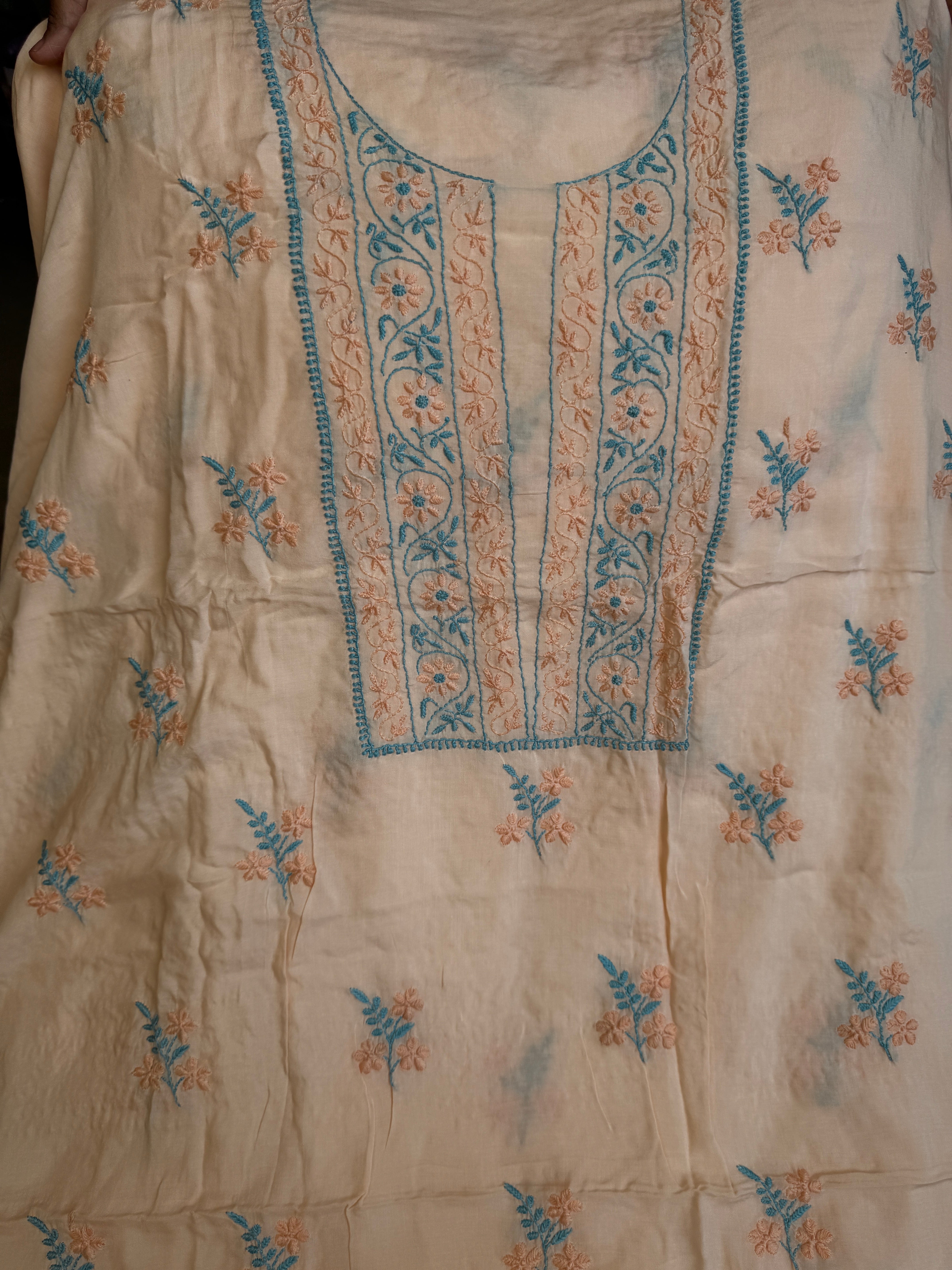 Modal Unstitched Kurti Fabric - Peach- Multi Threadwork ARIAA CHIKANKARI