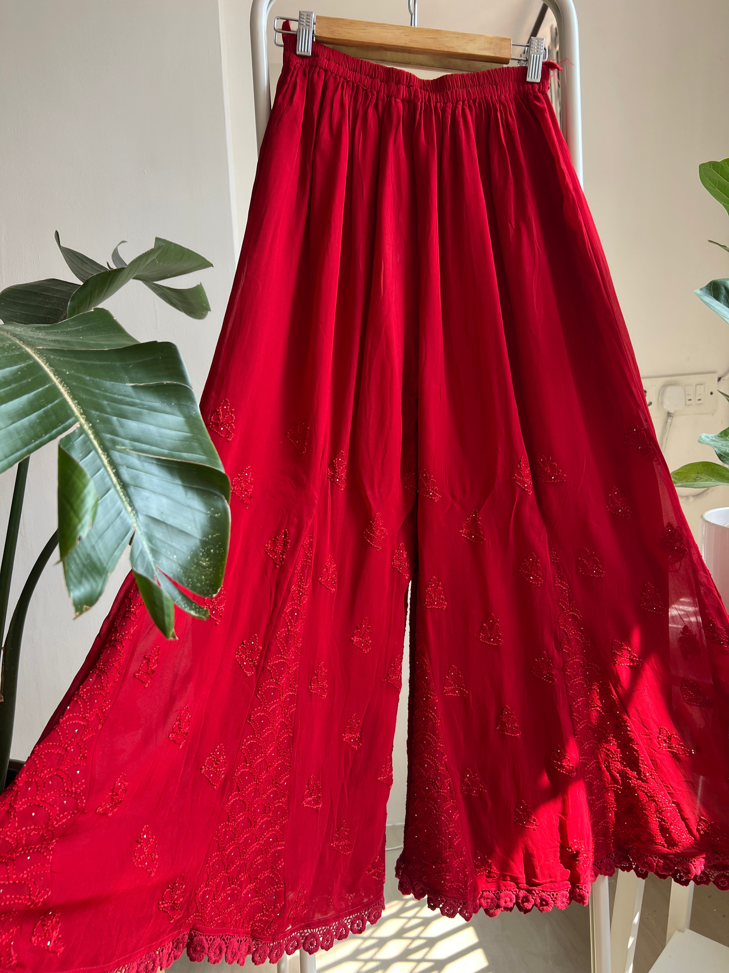 Chikankari Plazzo with mukaish - Flare - Red ARIAA CHIKANKARI