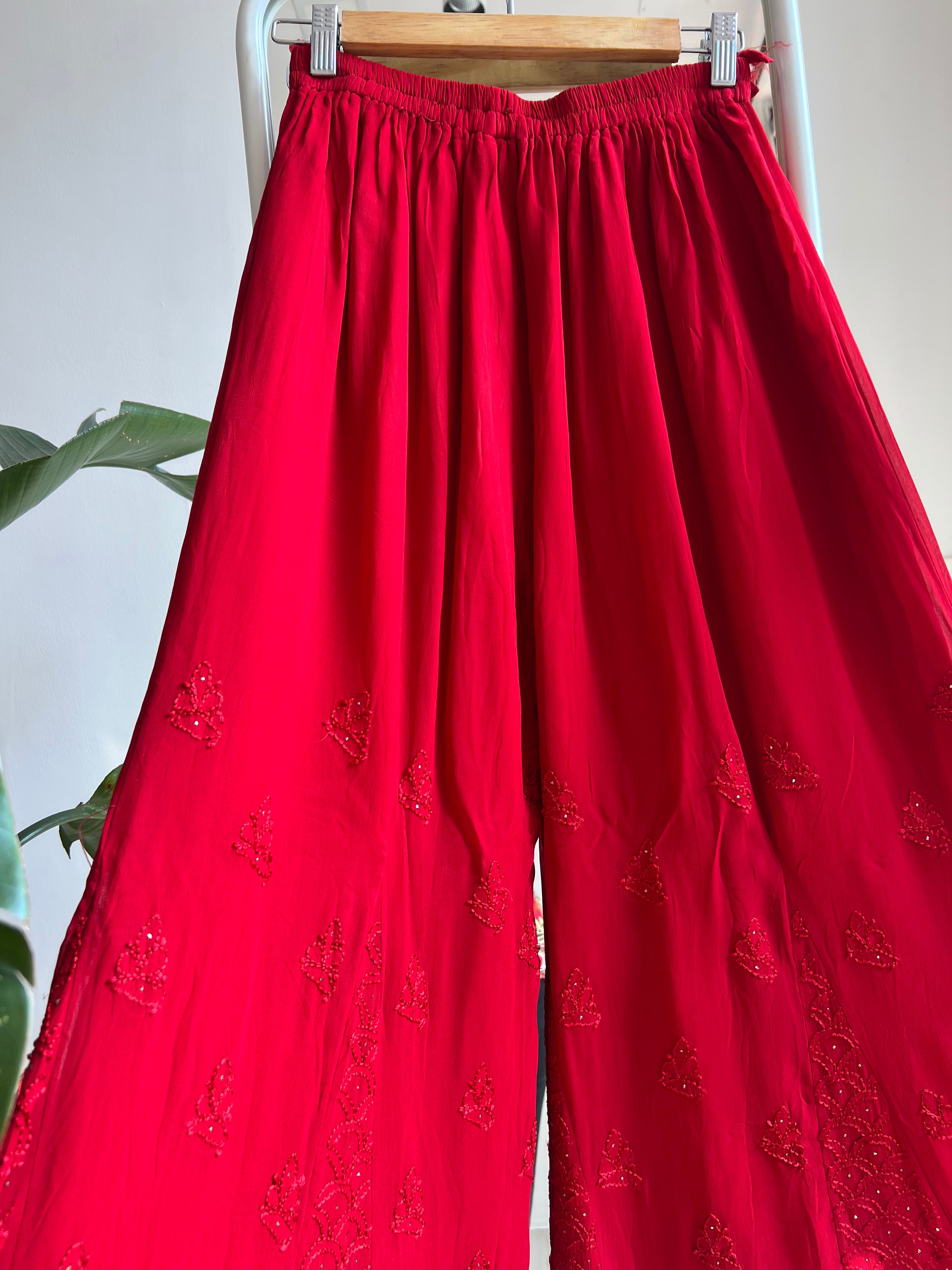 Chikankari Plazzo with mukaish - Flare - Red ARIAA CHIKANKARI