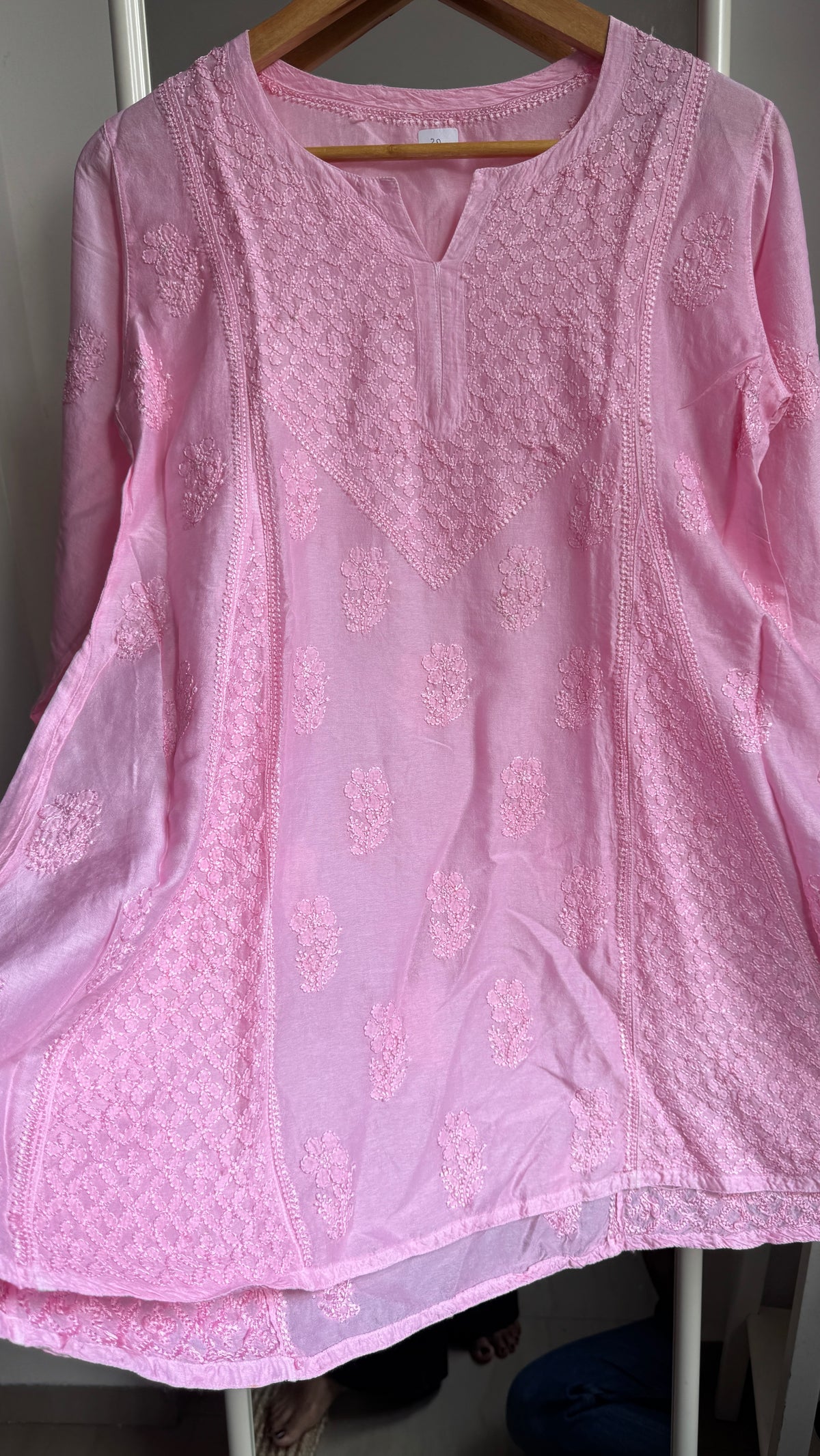 Raw Silk Chikankari kali short Top - Pink