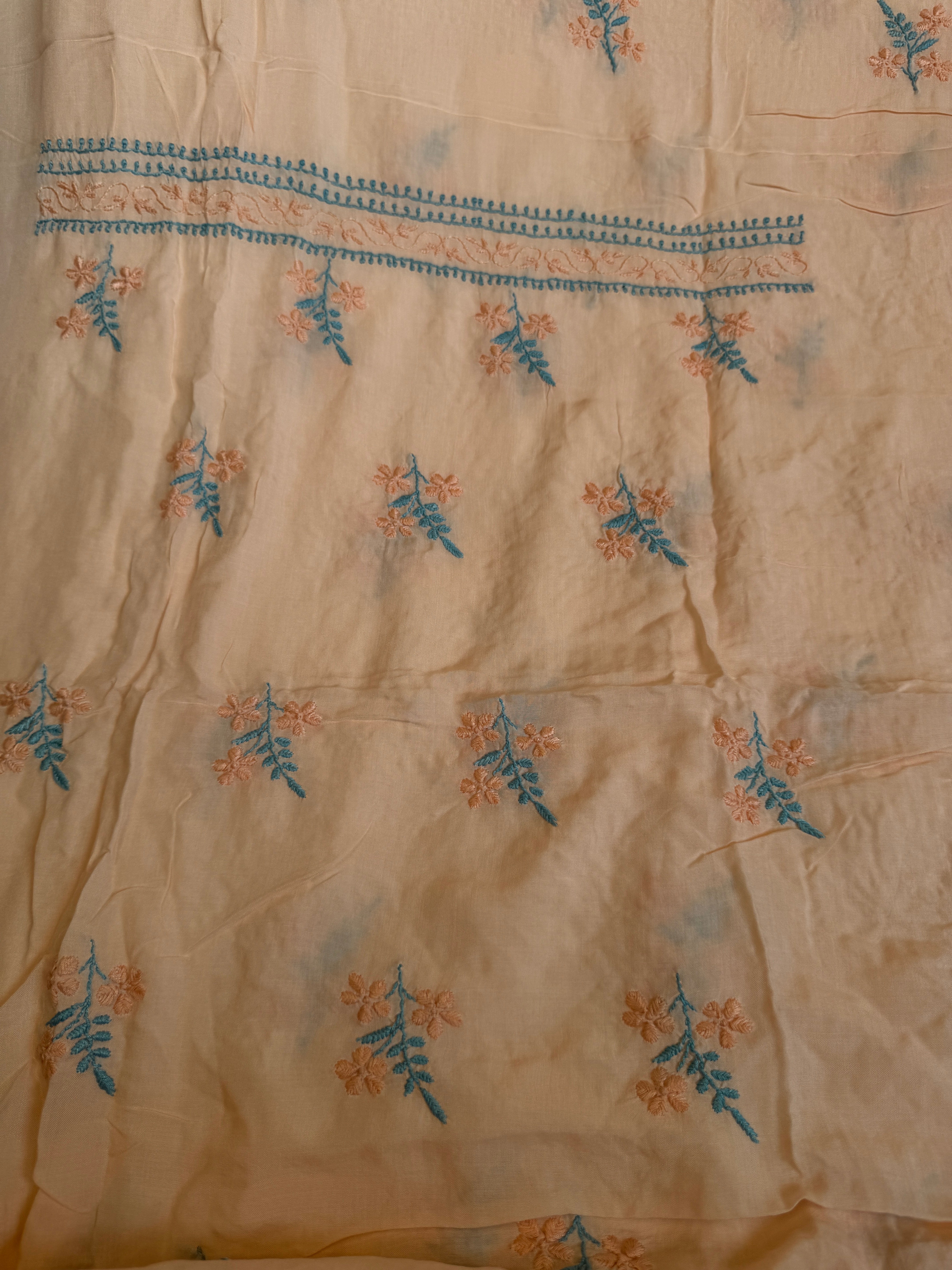Modal Unstitched Kurti Fabric - Peach- Multi Threadwork ARIAA CHIKANKARI