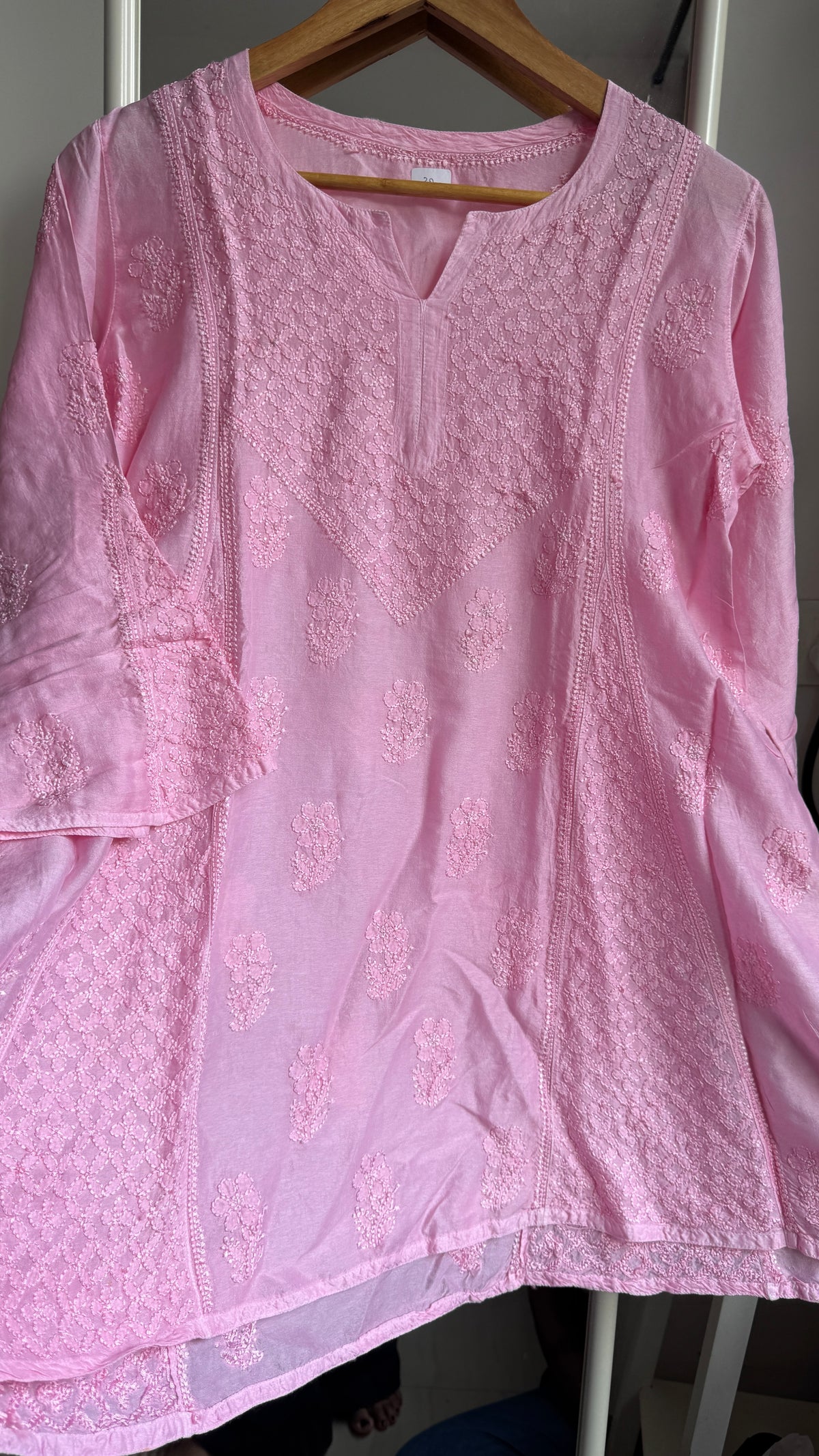 Raw Silk Chikankari kali short Top - Pink