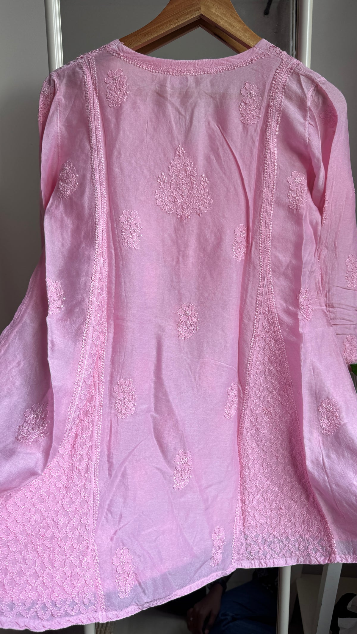 Raw Silk Chikankari kali short Top - Pink