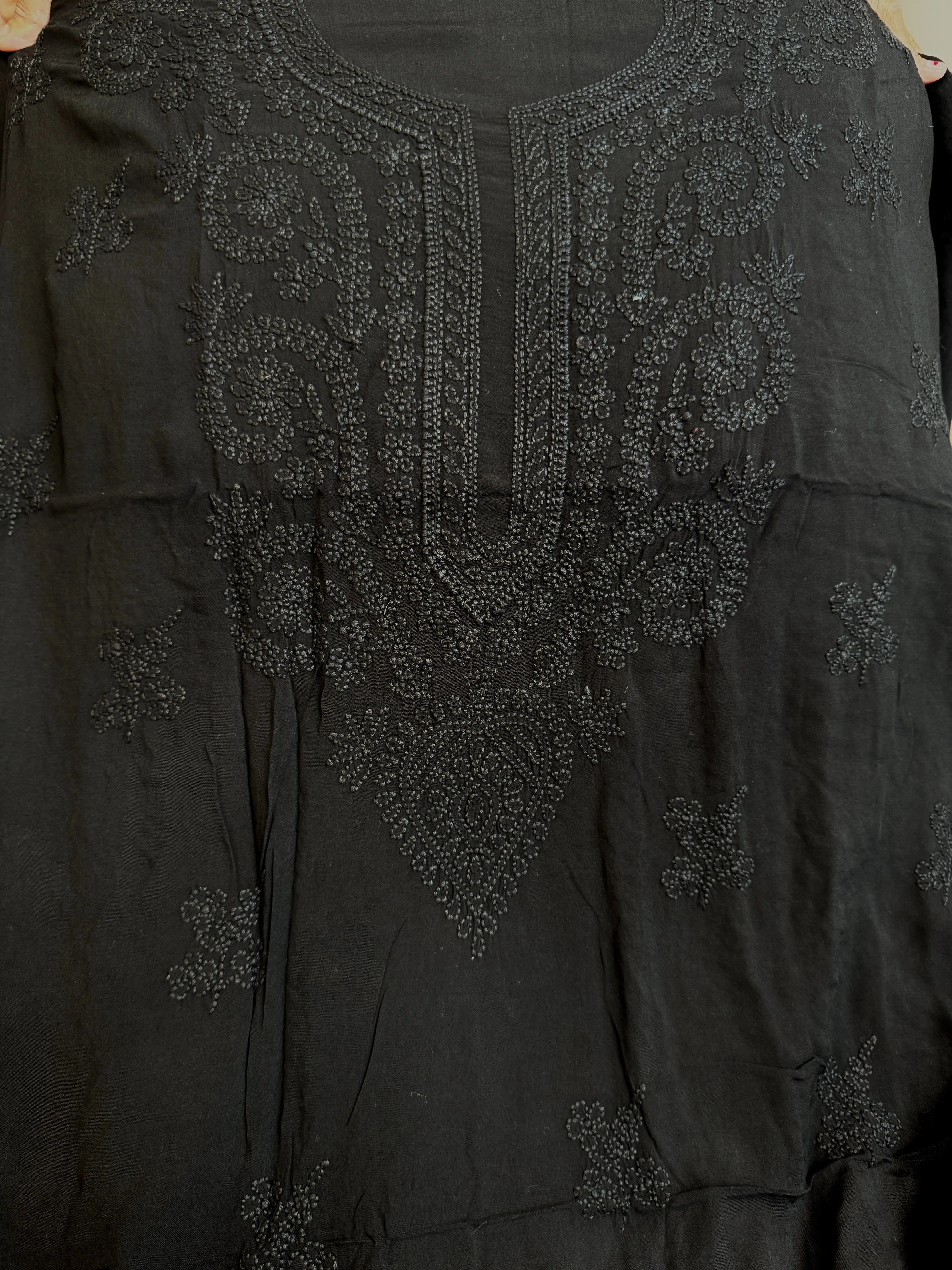 Modal Chikankari Unstitched Kurti Fabric - Black ARIAA CHIKANKARI