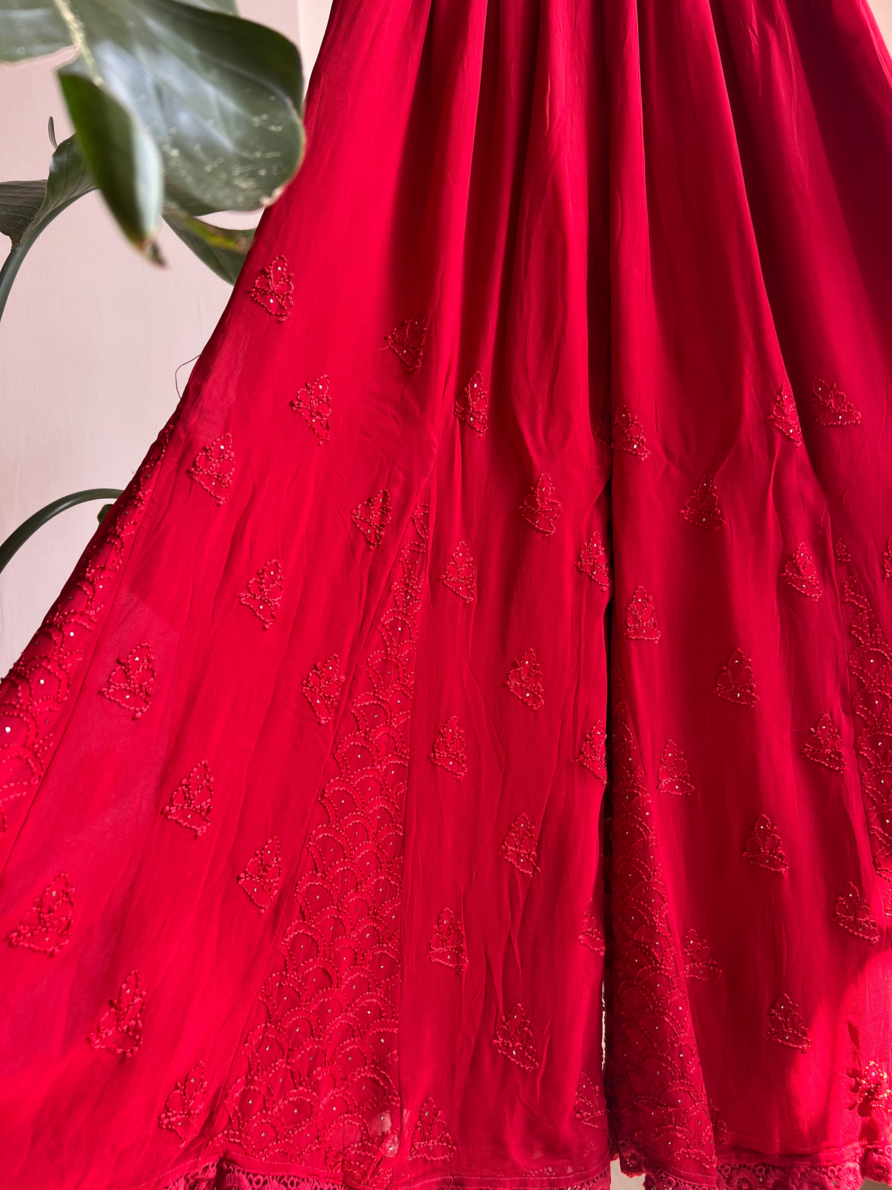 Chikankari Plazzo with mukaish - Flare - Red ARIAA CHIKANKARI