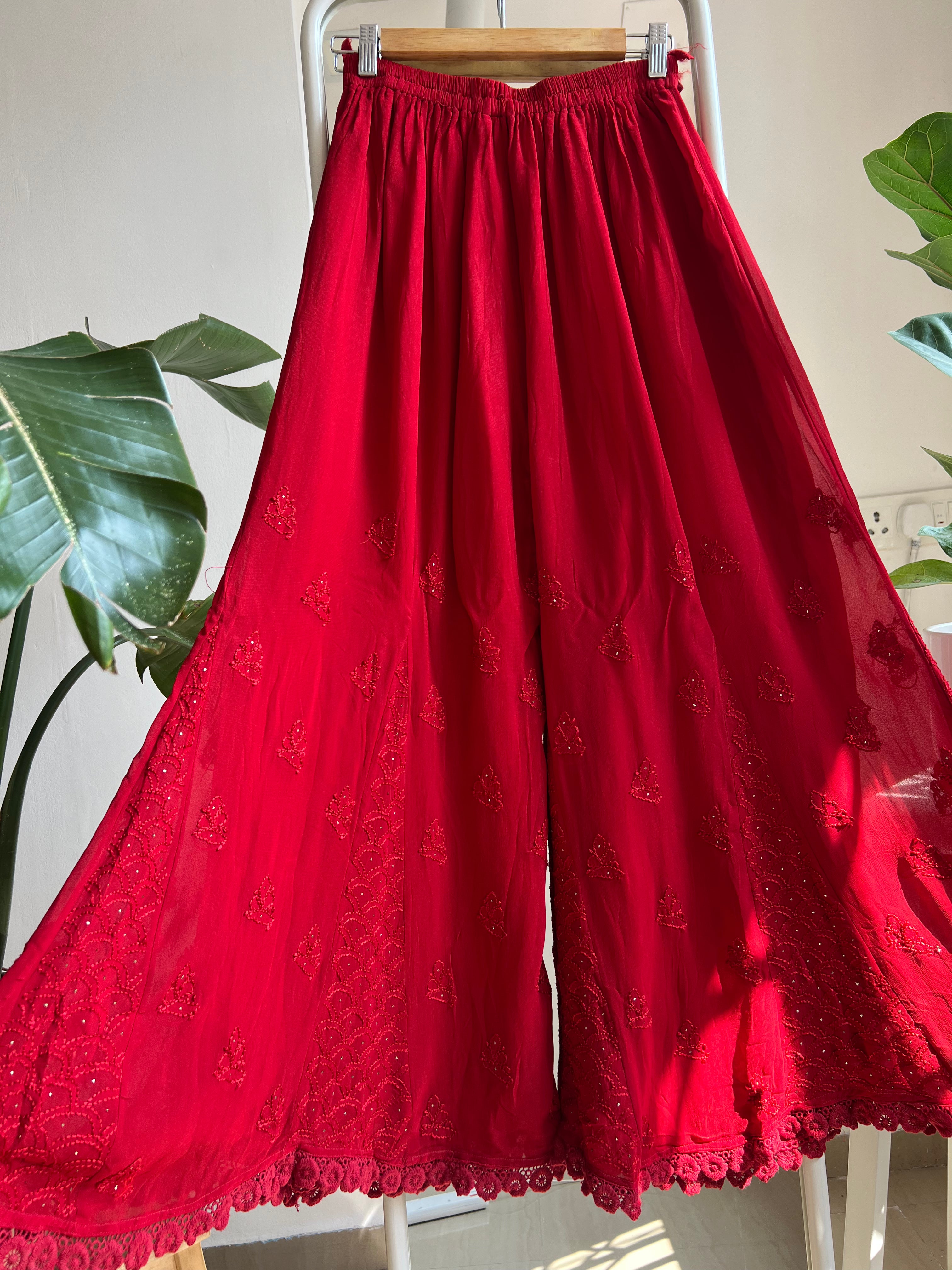 Chikankari Plazzo with mukaish - Flare - Red ARIAA CHIKANKARI