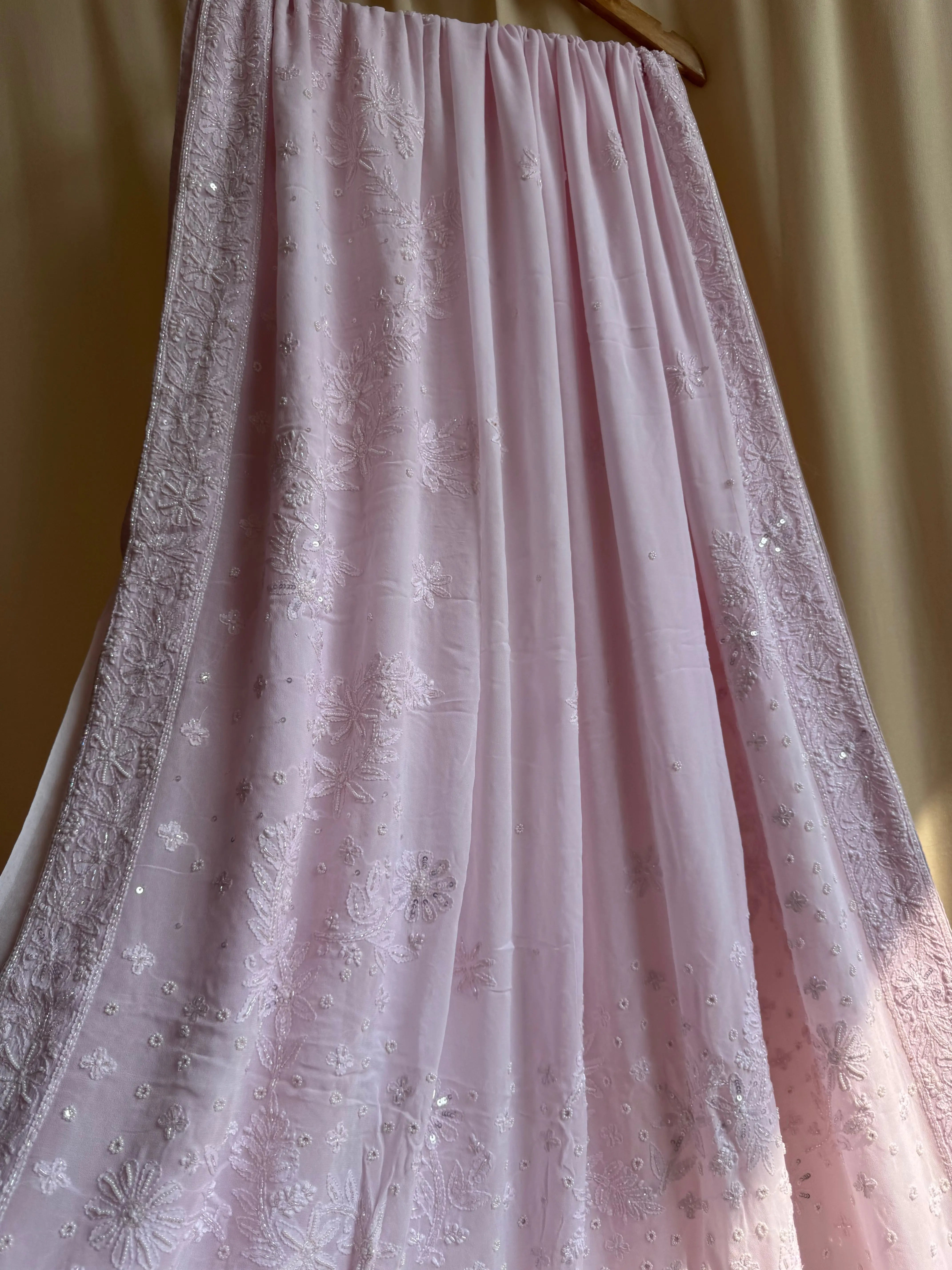 Viscose Baby Pink Chikankari saree with Pearl embellishments ARIAA CHIKANKARI