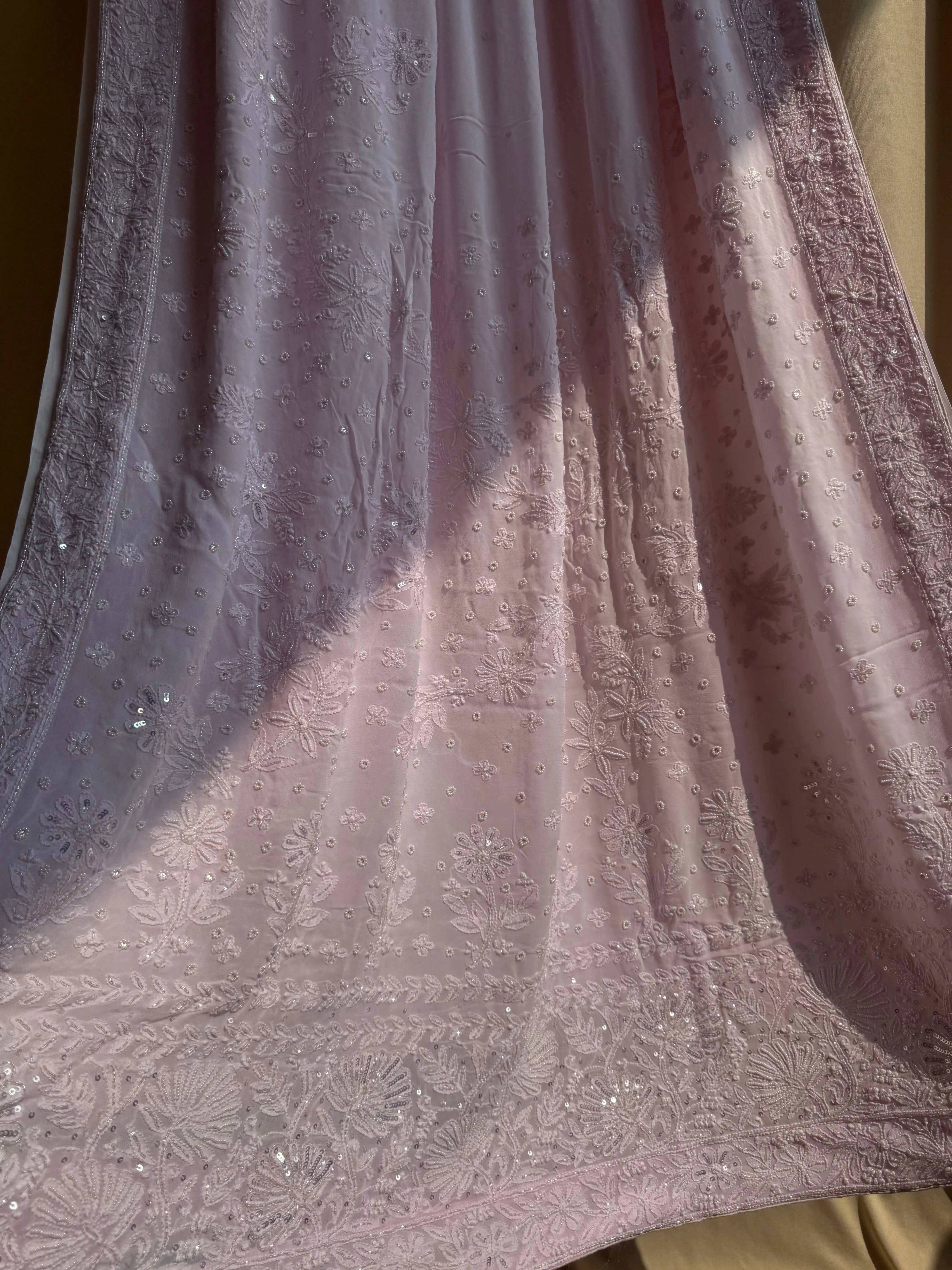 Viscose Baby Pink Chikankari saree with Pearl embellishments ARIAA CHIKANKARI