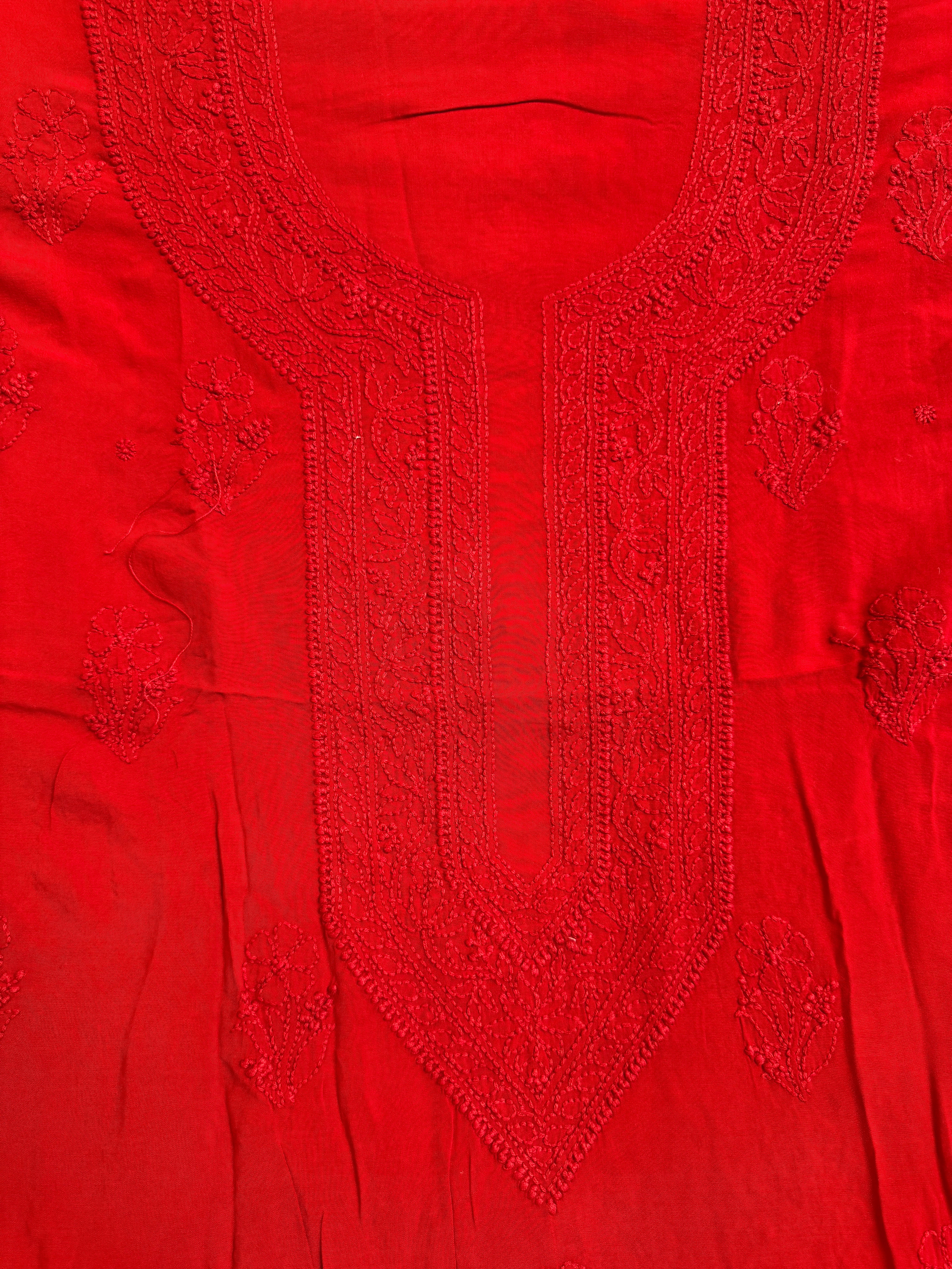 Modal Unstitched Kurti Fabric - Red ARIAA CHIKANKARI