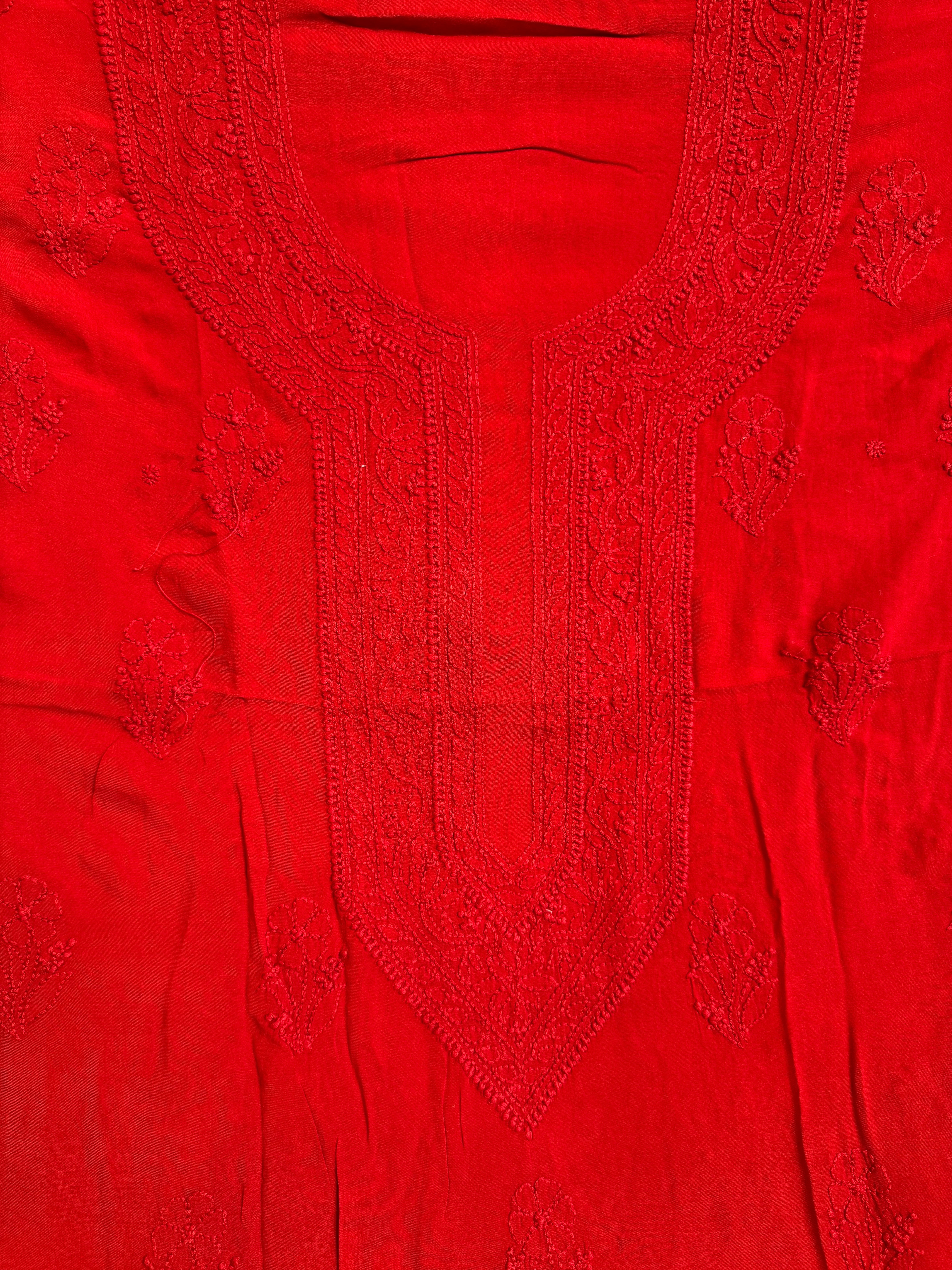 Modal Unstitched Kurti Fabric - Red ARIAA CHIKANKARI
