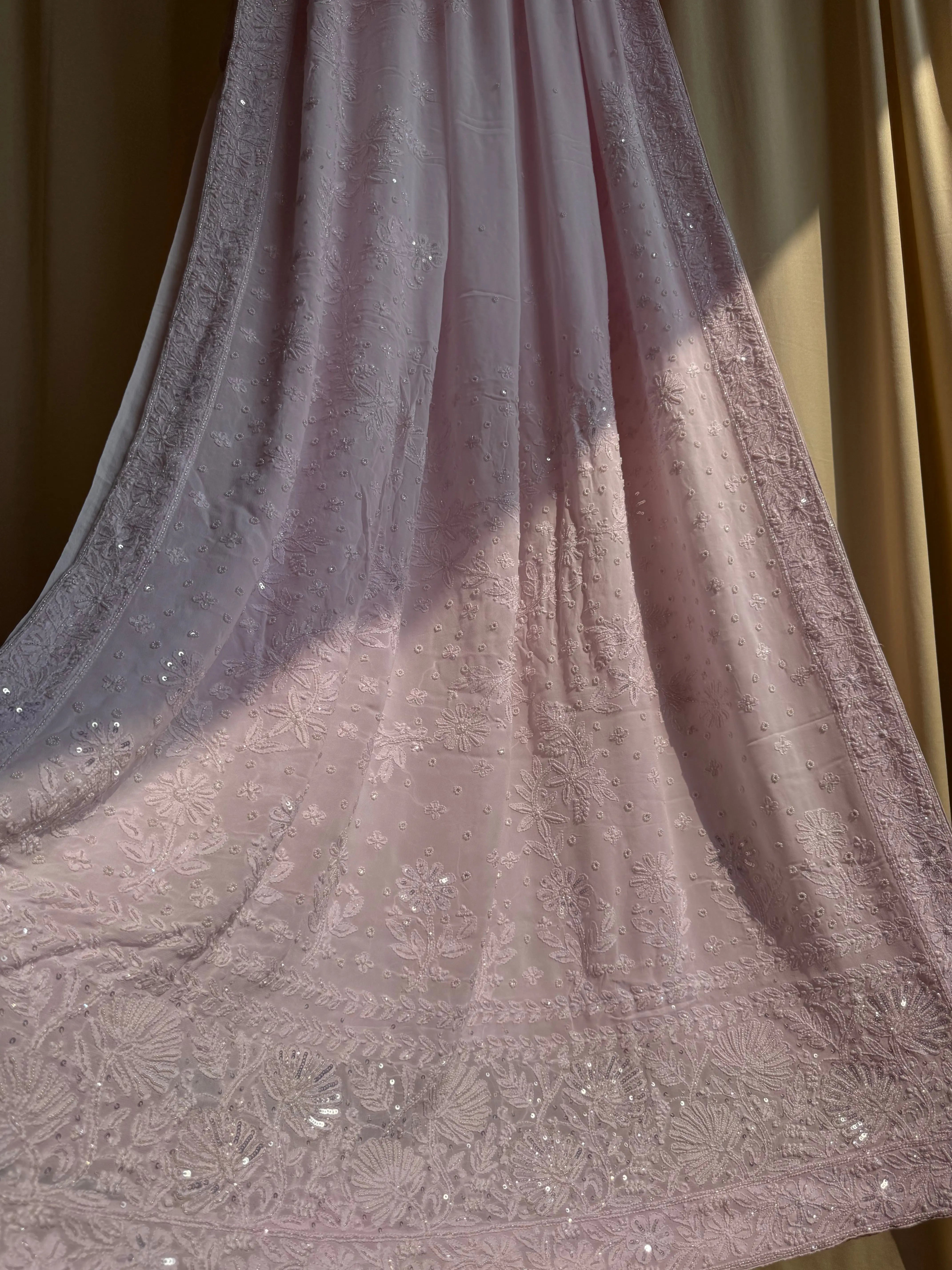 Viscose Baby Pink Chikankari saree with Pearl embellishments ARIAA CHIKANKARI