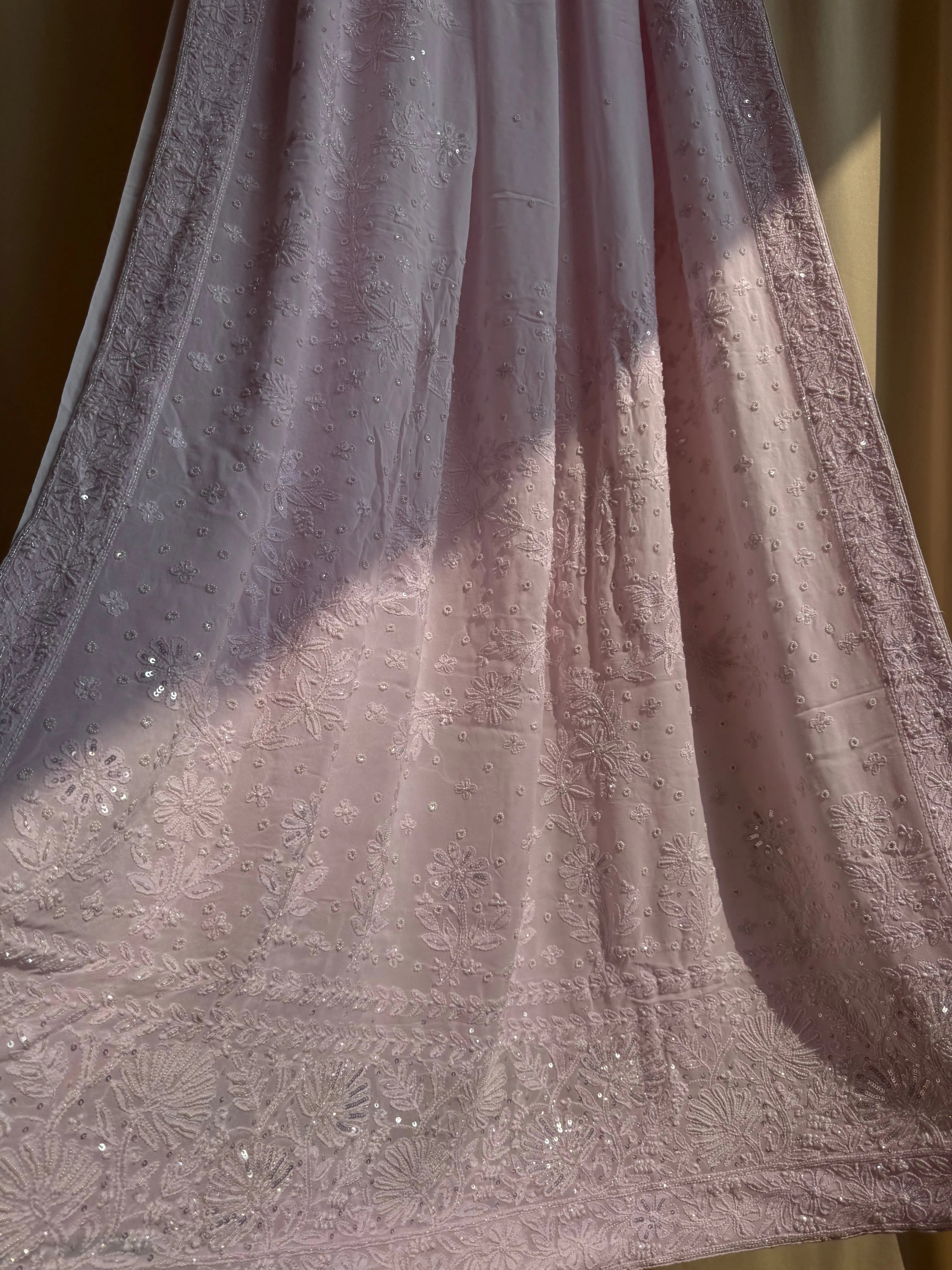 Viscose Baby Pink Chikankari saree with Pearl embellishments ARIAA CHIKANKARI