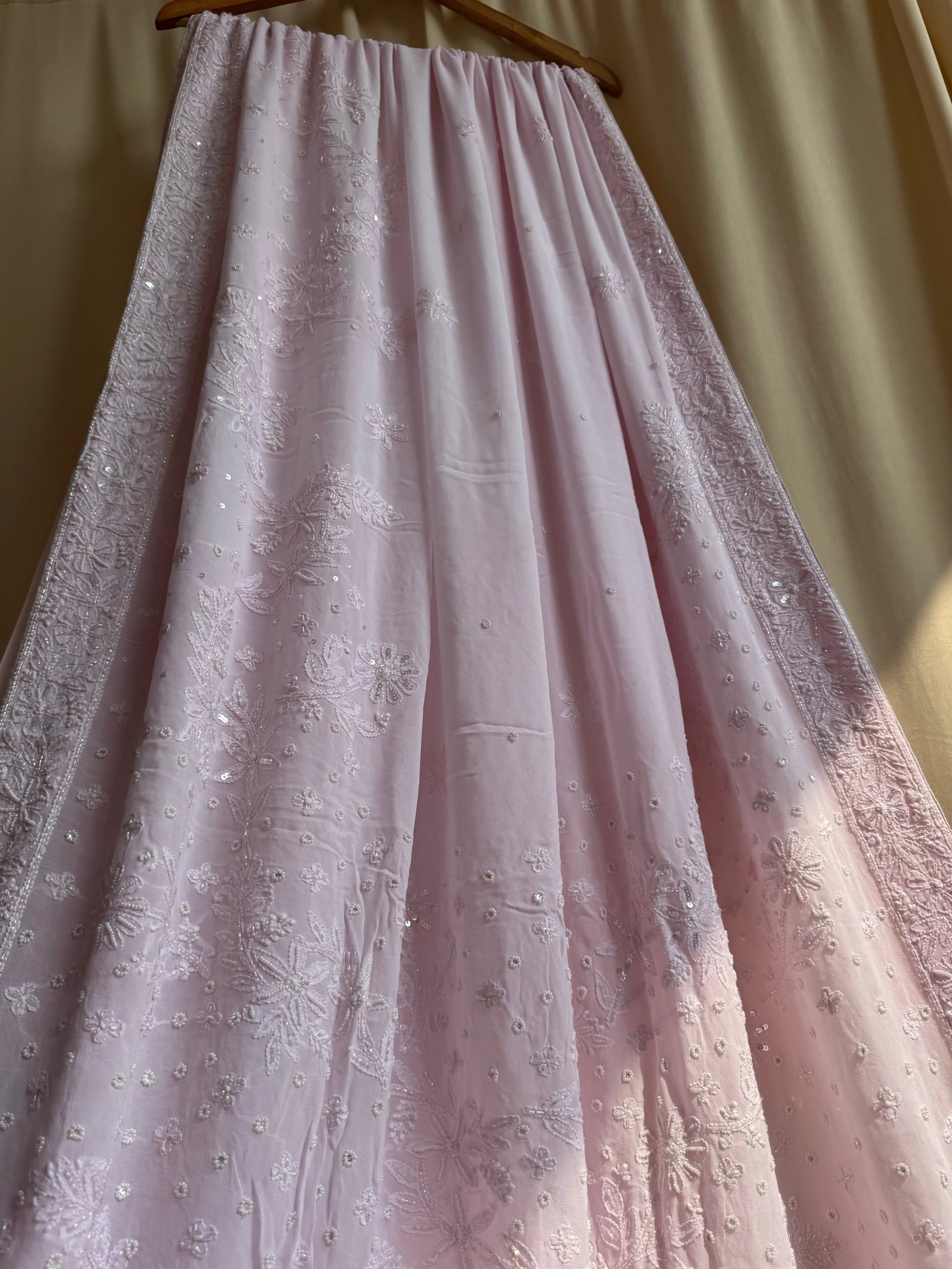 Viscose Baby Pink Chikankari saree with Pearl embellishments ARIAA CHIKANKARI