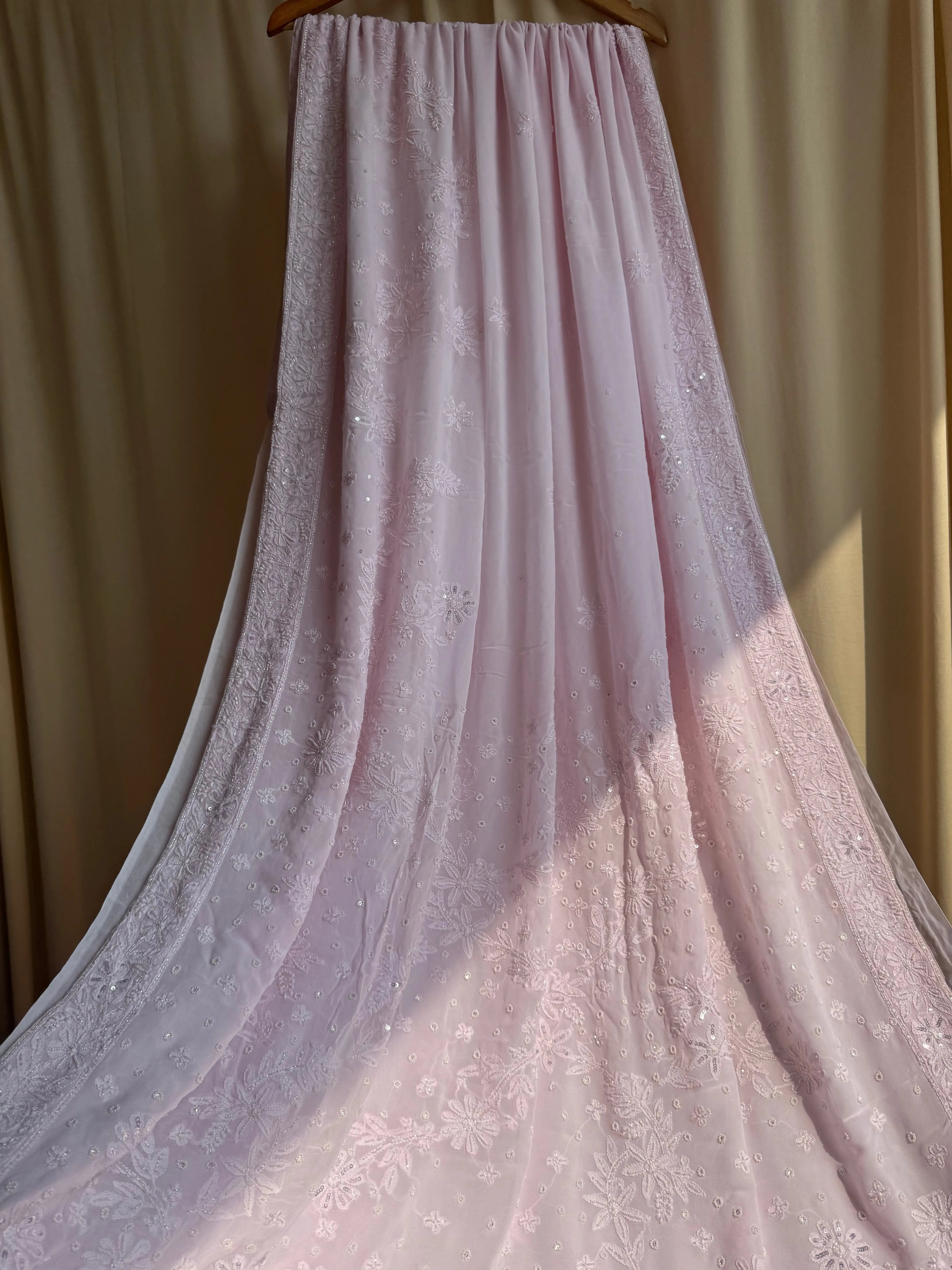 Viscose Baby Pink Chikankari saree with Pearl embellishments ARIAA CHIKANKARI