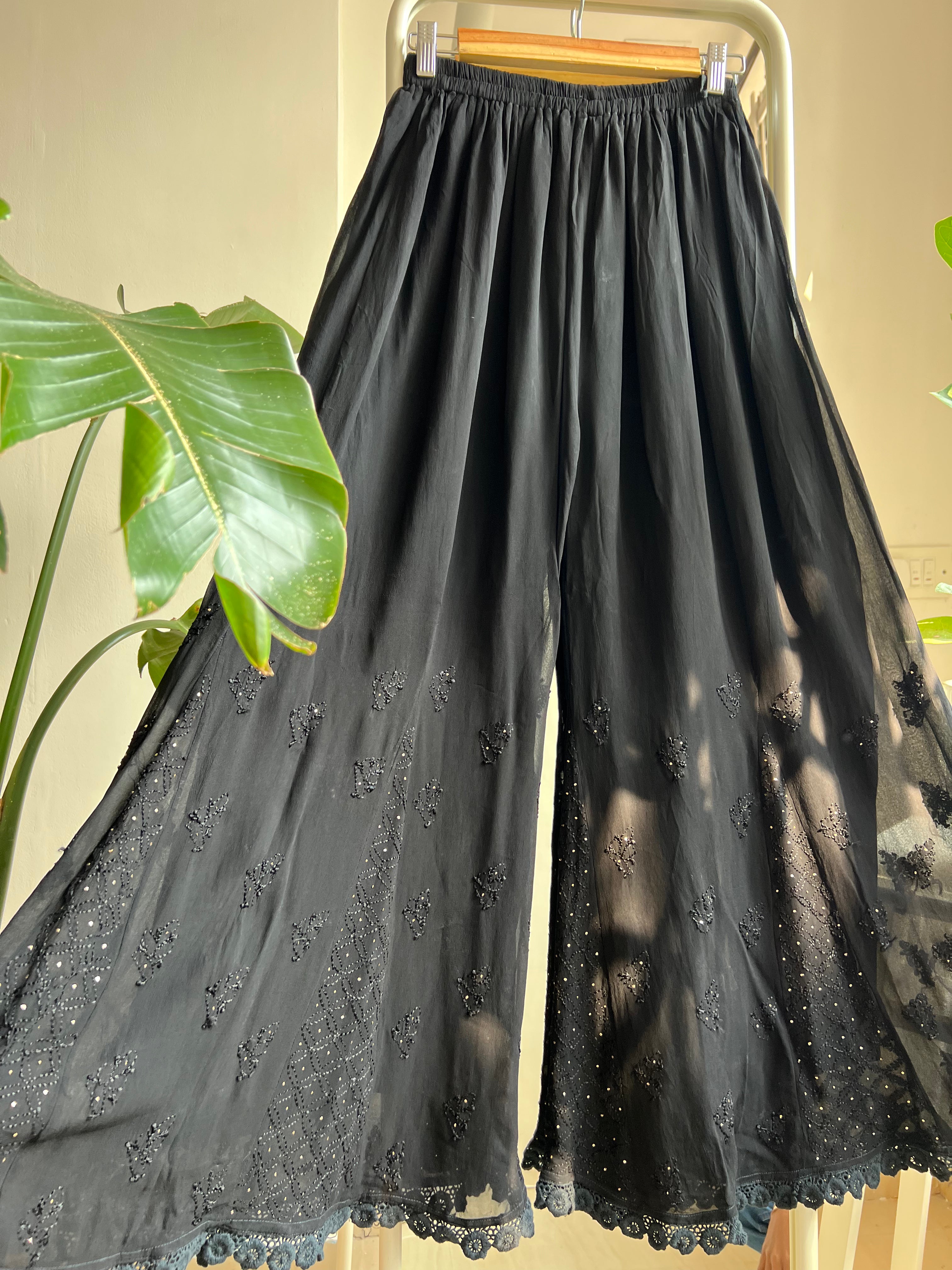 Chikankari Plazzo with mukaish - Flare - Black ARIAA CHIKANKARI