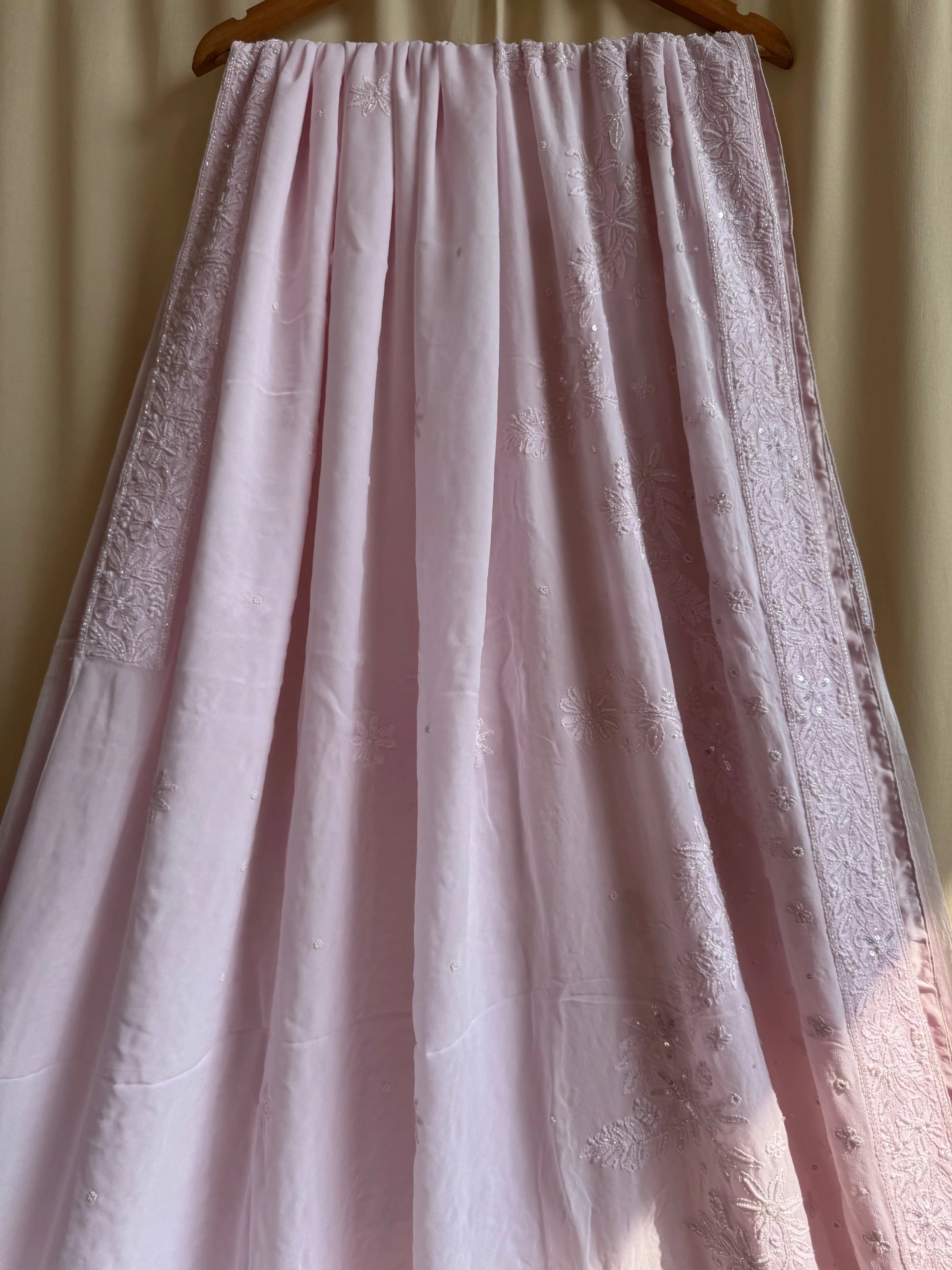 Viscose Baby Pink Chikankari saree with Pearl embellishments ARIAA CHIKANKARI