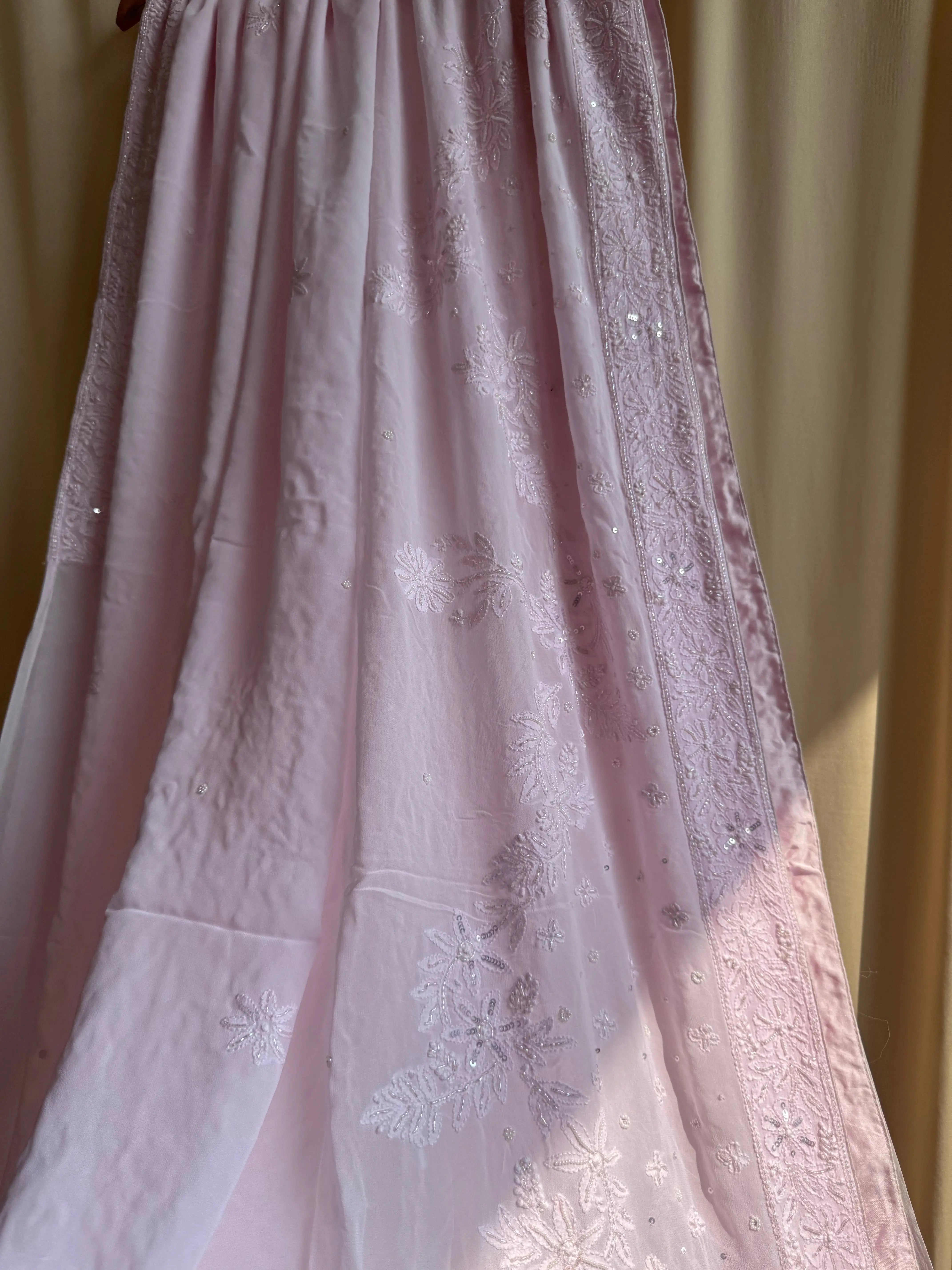 Viscose Baby Pink Chikankari saree with Pearl embellishments ARIAA CHIKANKARI