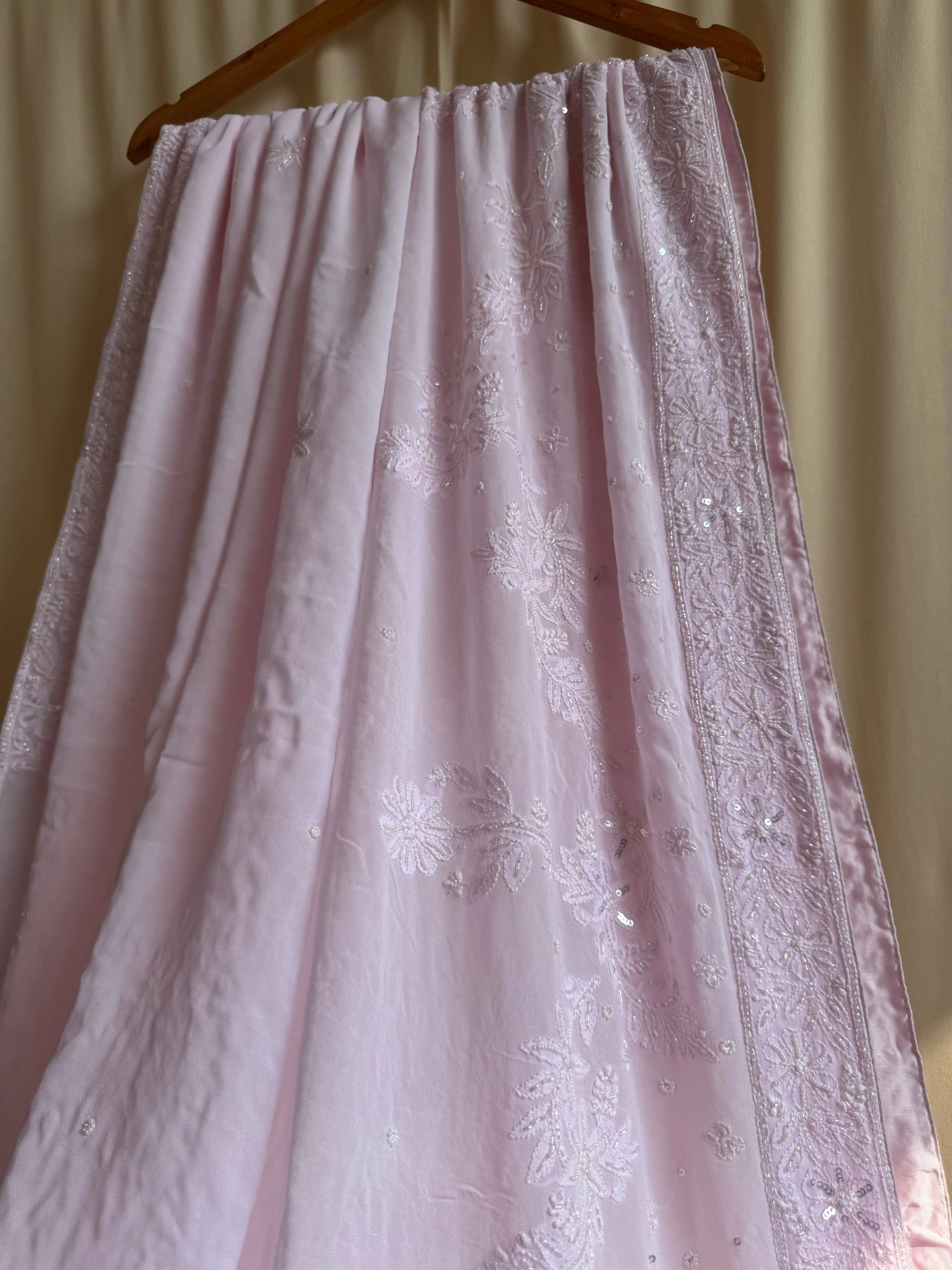 Viscose Baby Pink Chikankari saree with Pearl embellishments ARIAA CHIKANKARI