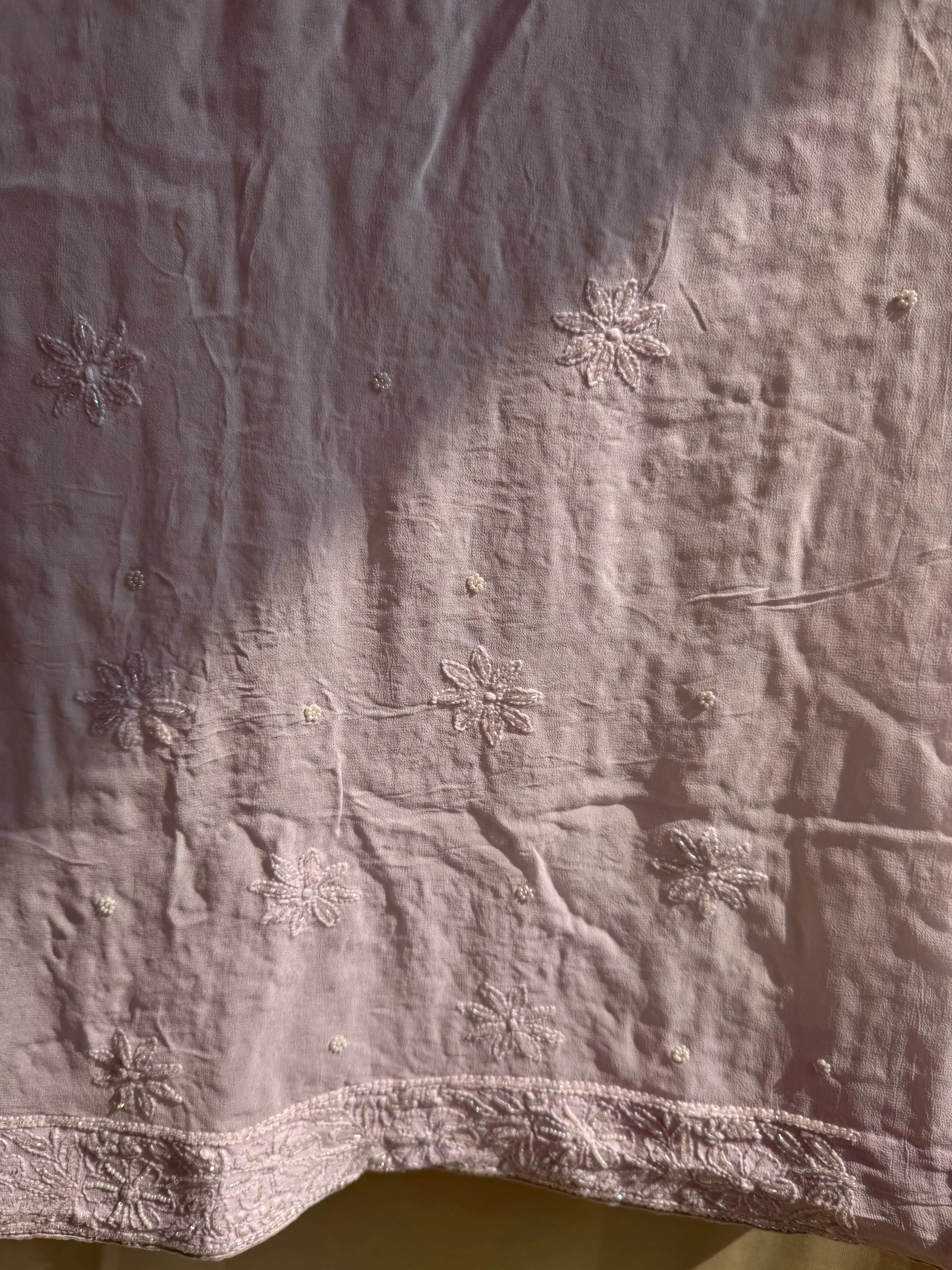 Viscose Baby Pink Chikankari saree with Pearl embellishments ARIAA CHIKANKARI