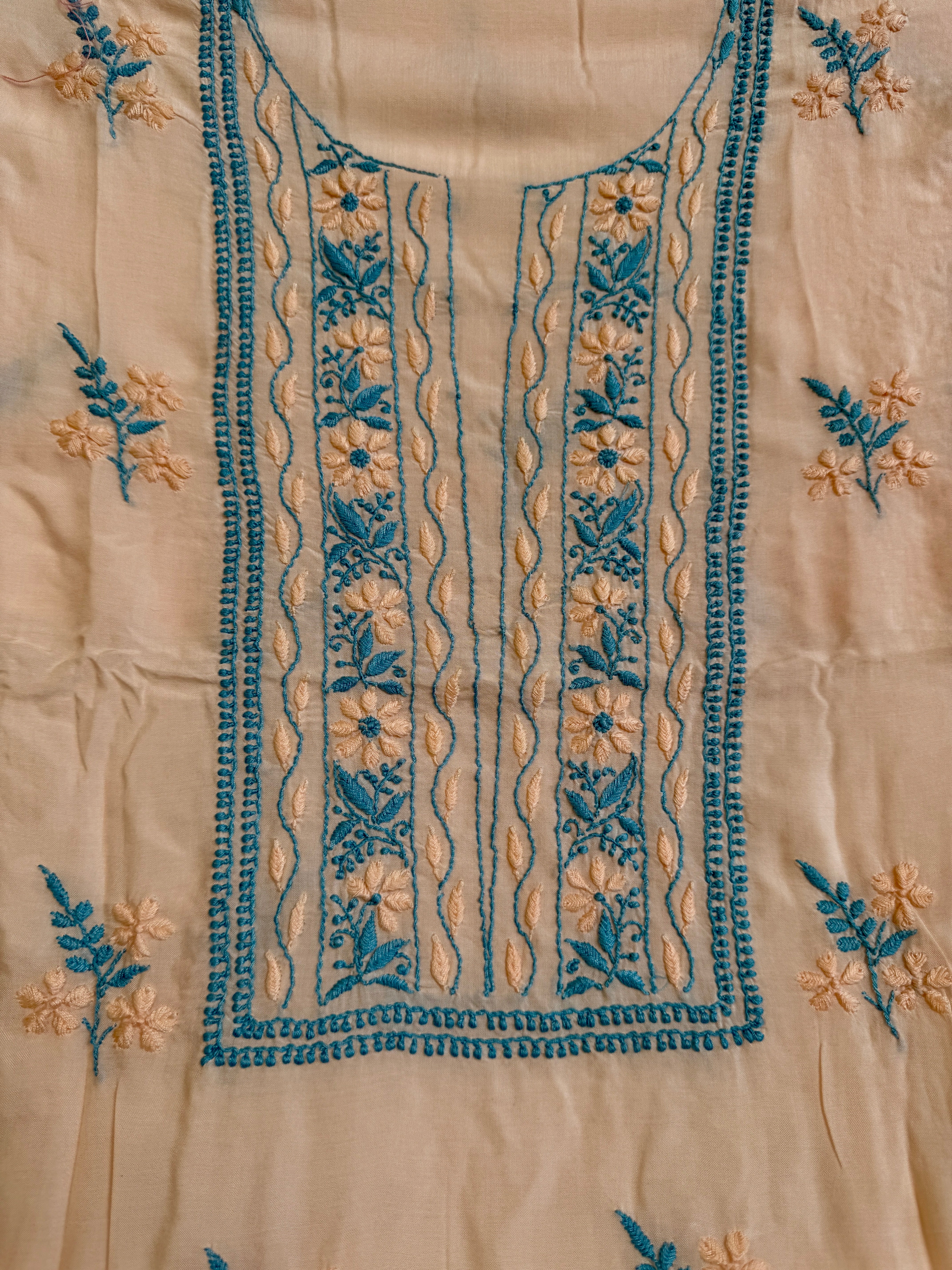 Modal Unstitched Kurti Fabric - Peach- Multi Threadwork ARIAA CHIKANKARI