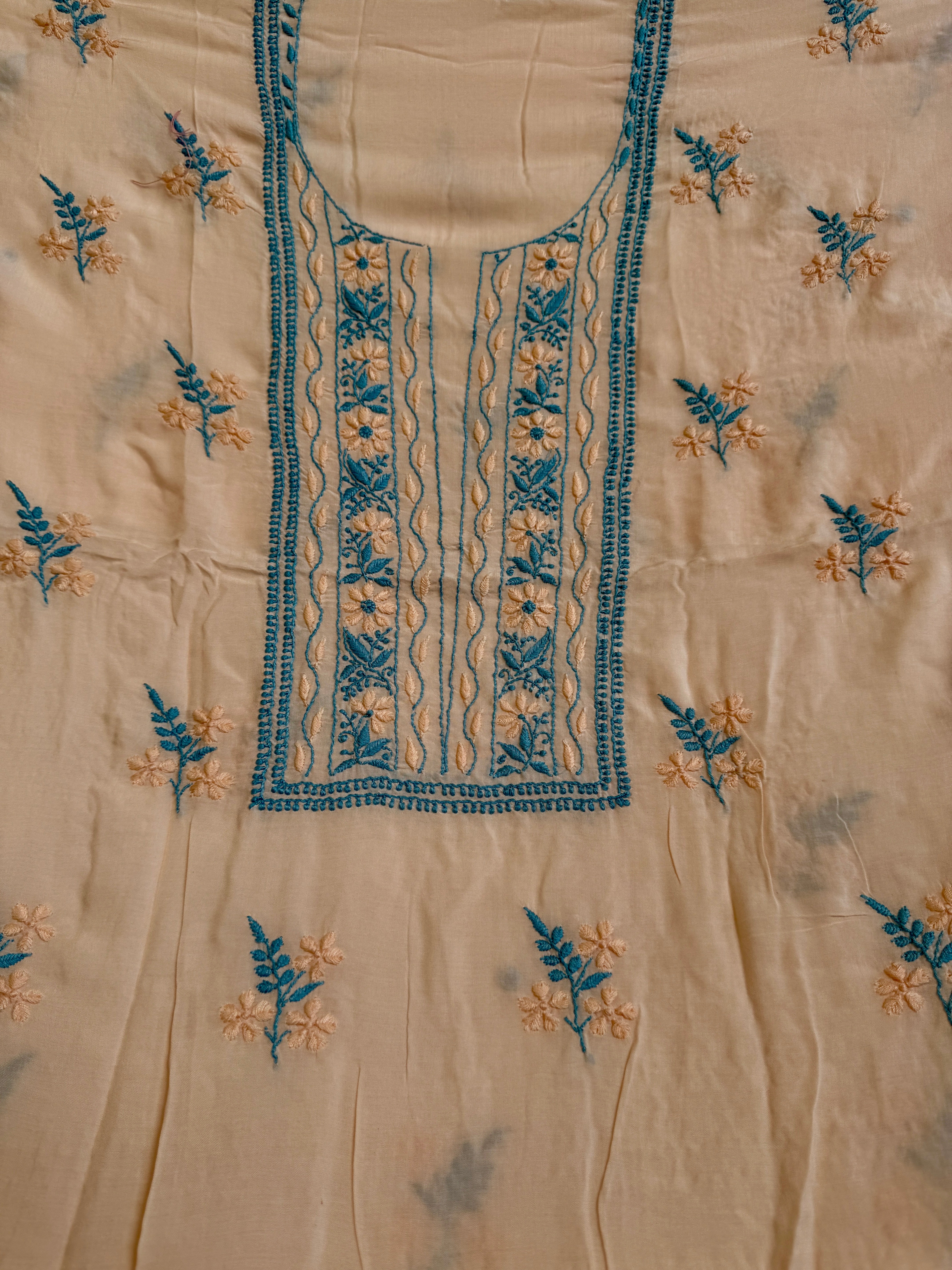 Modal Unstitched Kurti Fabric - Peach- Multi Threadwork ARIAA CHIKANKARI