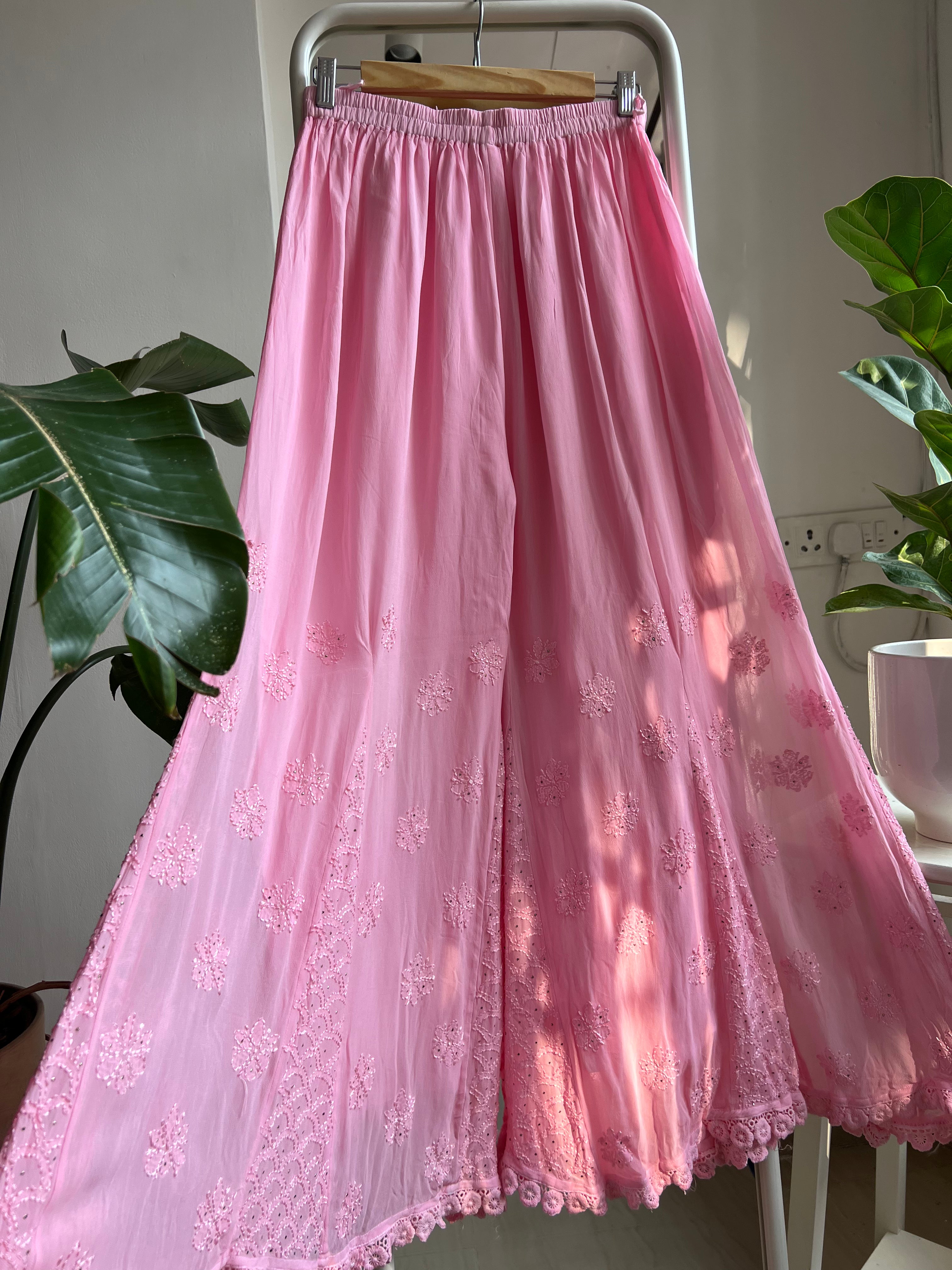 Chikankari Plazzo with mukaish - Flare - Pink ARIAA CHIKANKARI