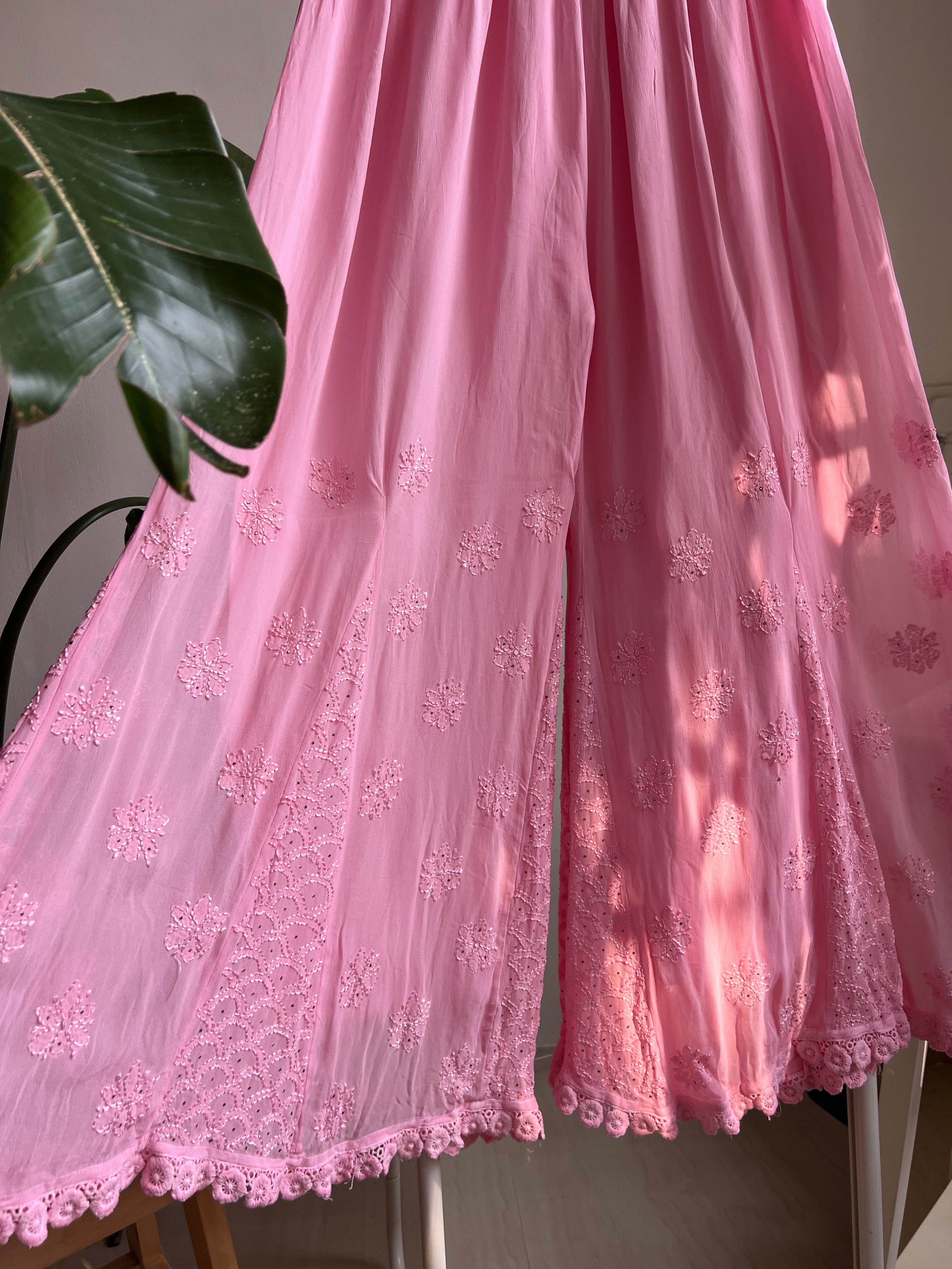 Chikankari Plazzo with mukaish - Flare - Pink ARIAA CHIKANKARI