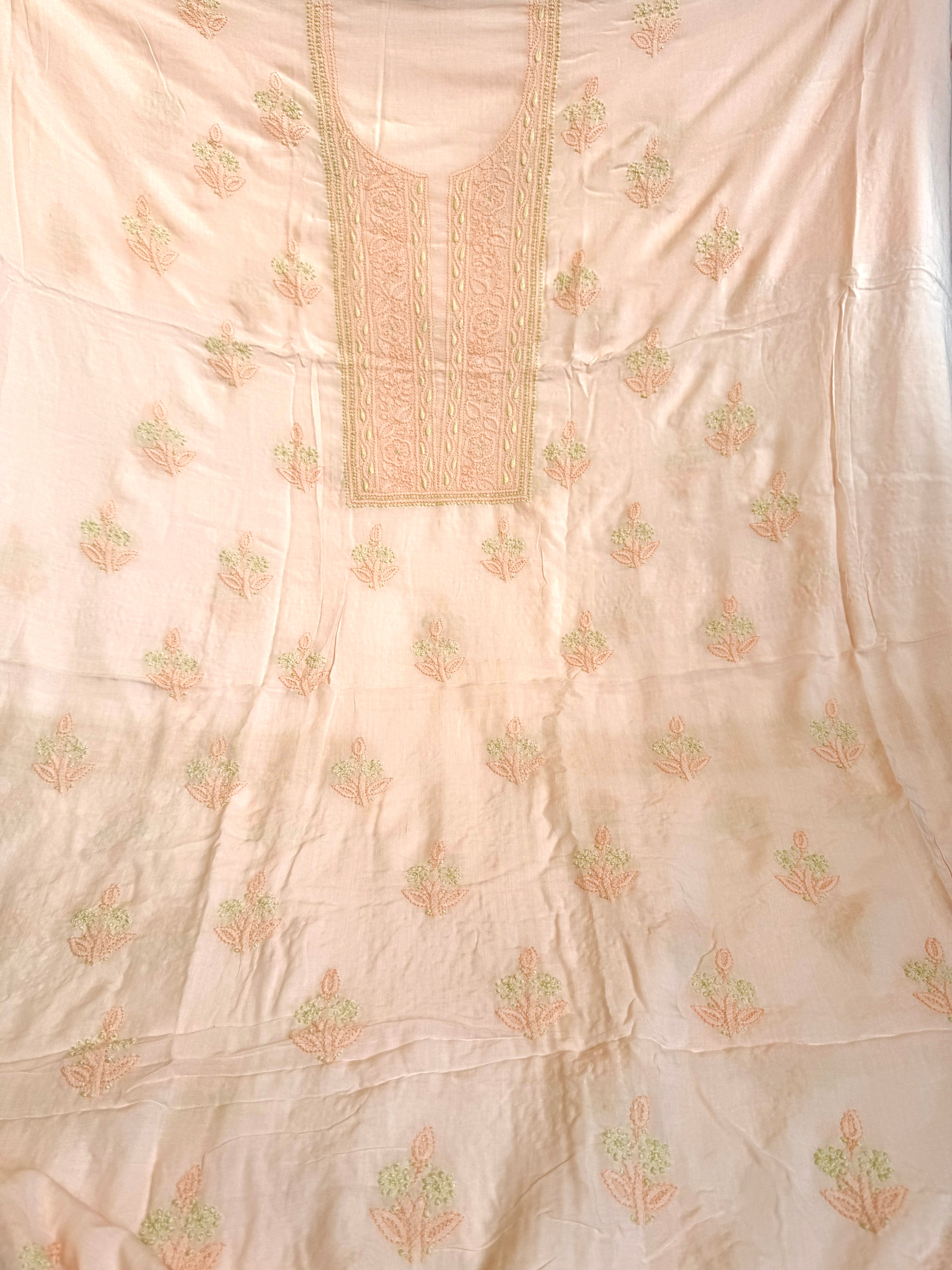 Modal Unstitched Kurti Fabric - Peach- Multi Threadwork ARIAA CHIKANKARI