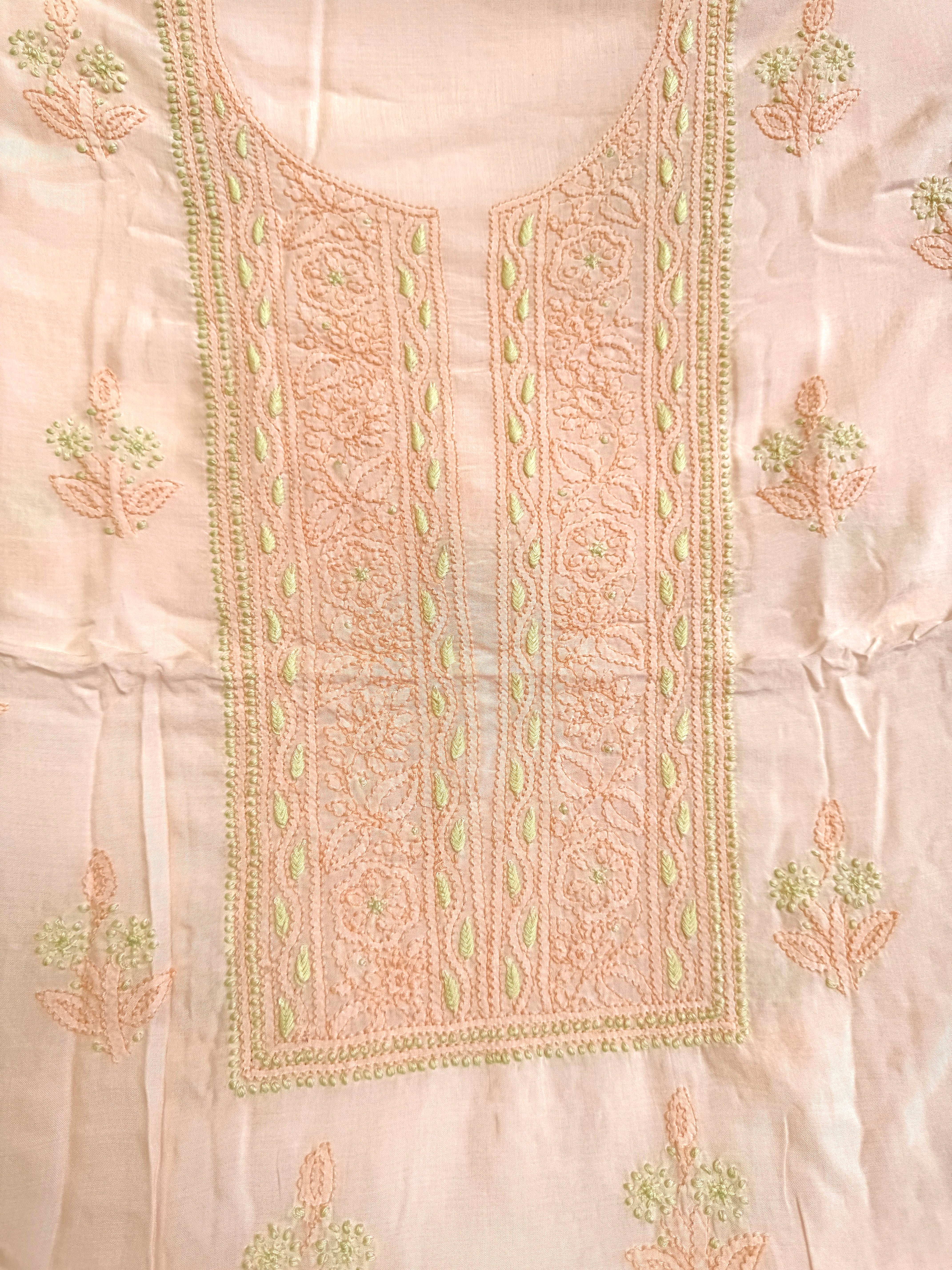 Modal Unstitched Kurti Fabric - Peach- Multi Threadwork ARIAA CHIKANKARI