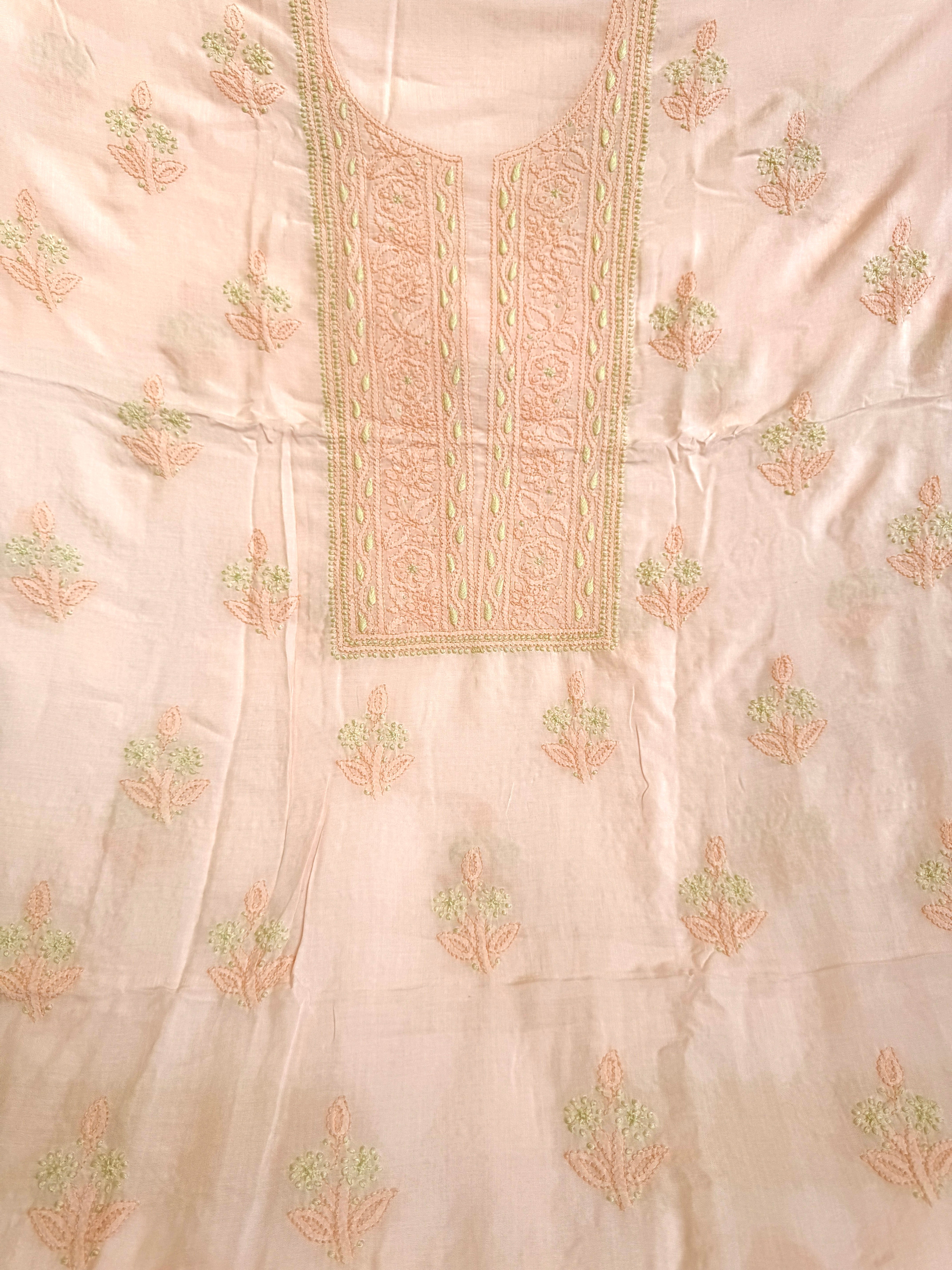 Modal Unstitched Kurti Fabric - Peach- Multi Threadwork ARIAA CHIKANKARI