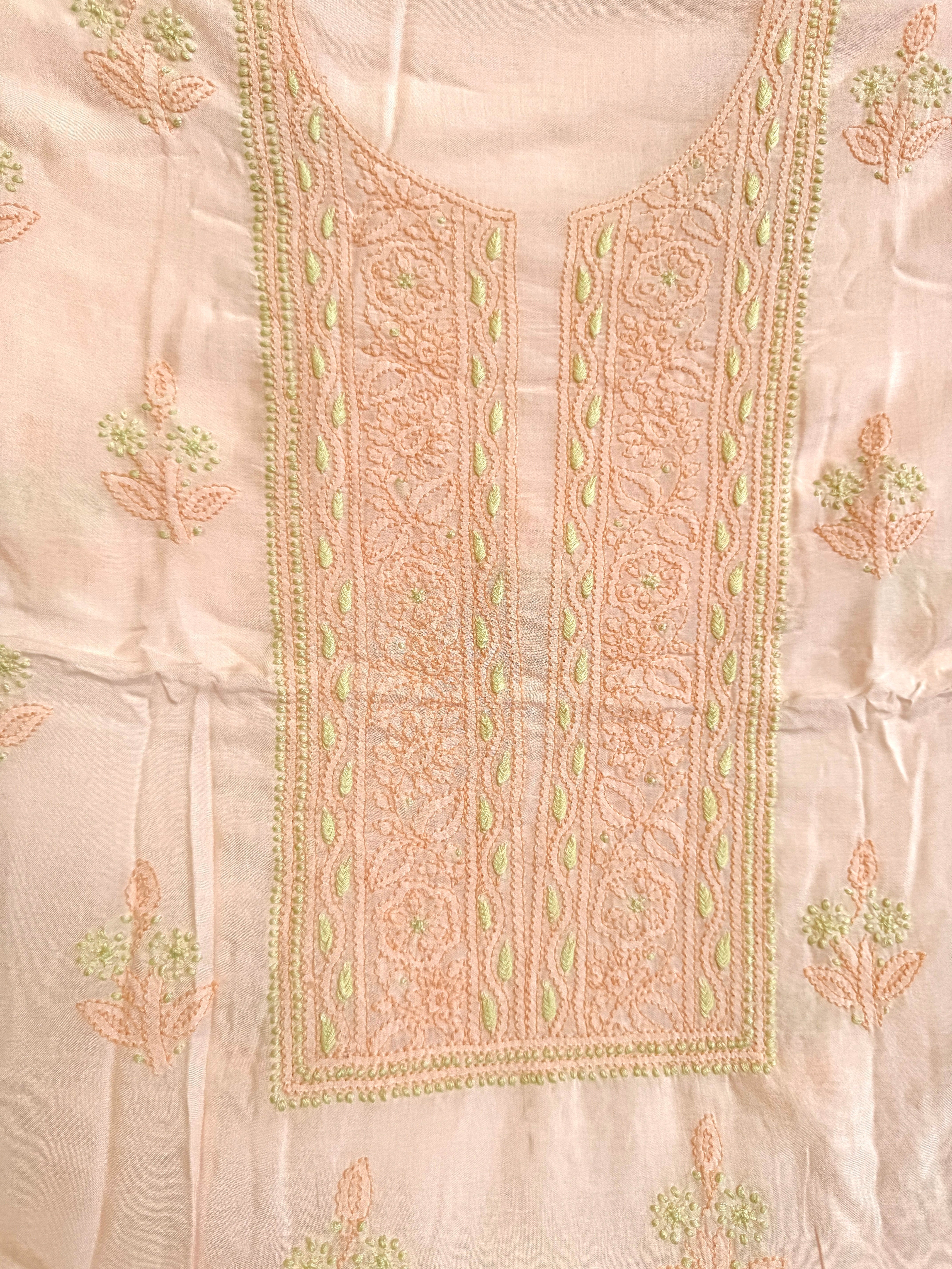 Modal Unstitched Kurti Fabric - Peach- Multi Threadwork ARIAA CHIKANKARI