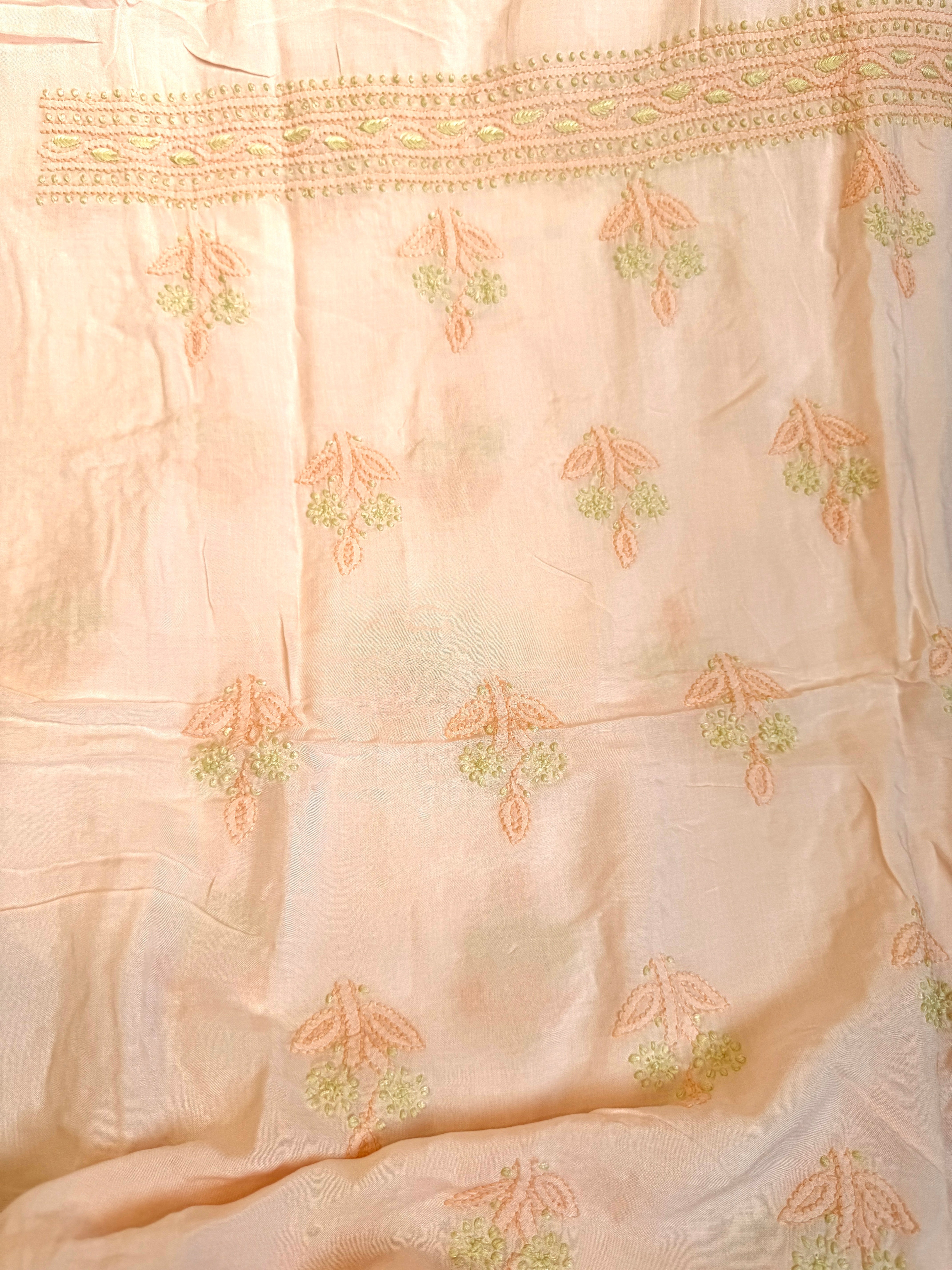 Modal Unstitched Kurti Fabric - Peach- Multi Threadwork ARIAA CHIKANKARI