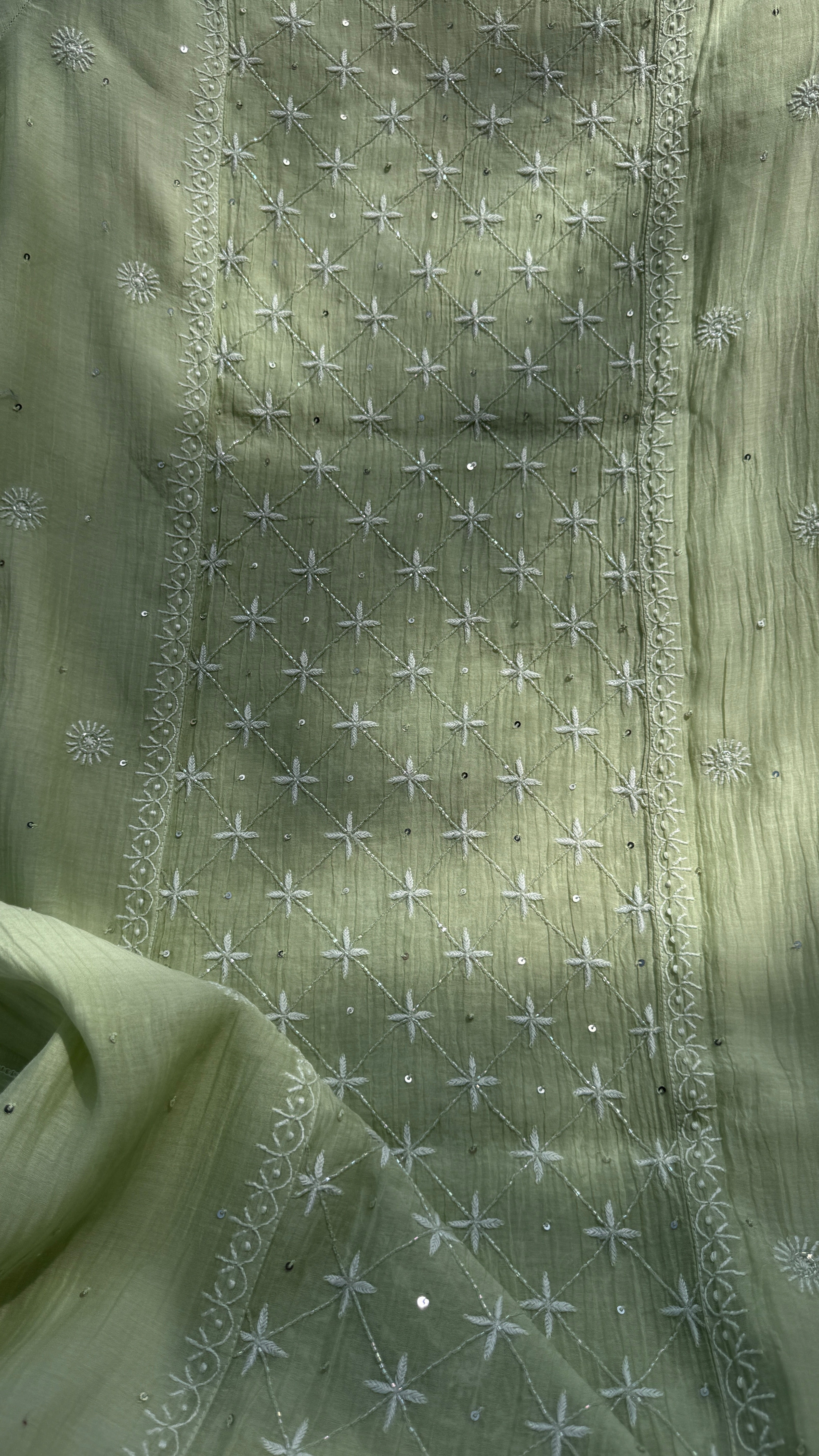 Mul Chanderi Chikankari - Unstitched Set - Pista Green