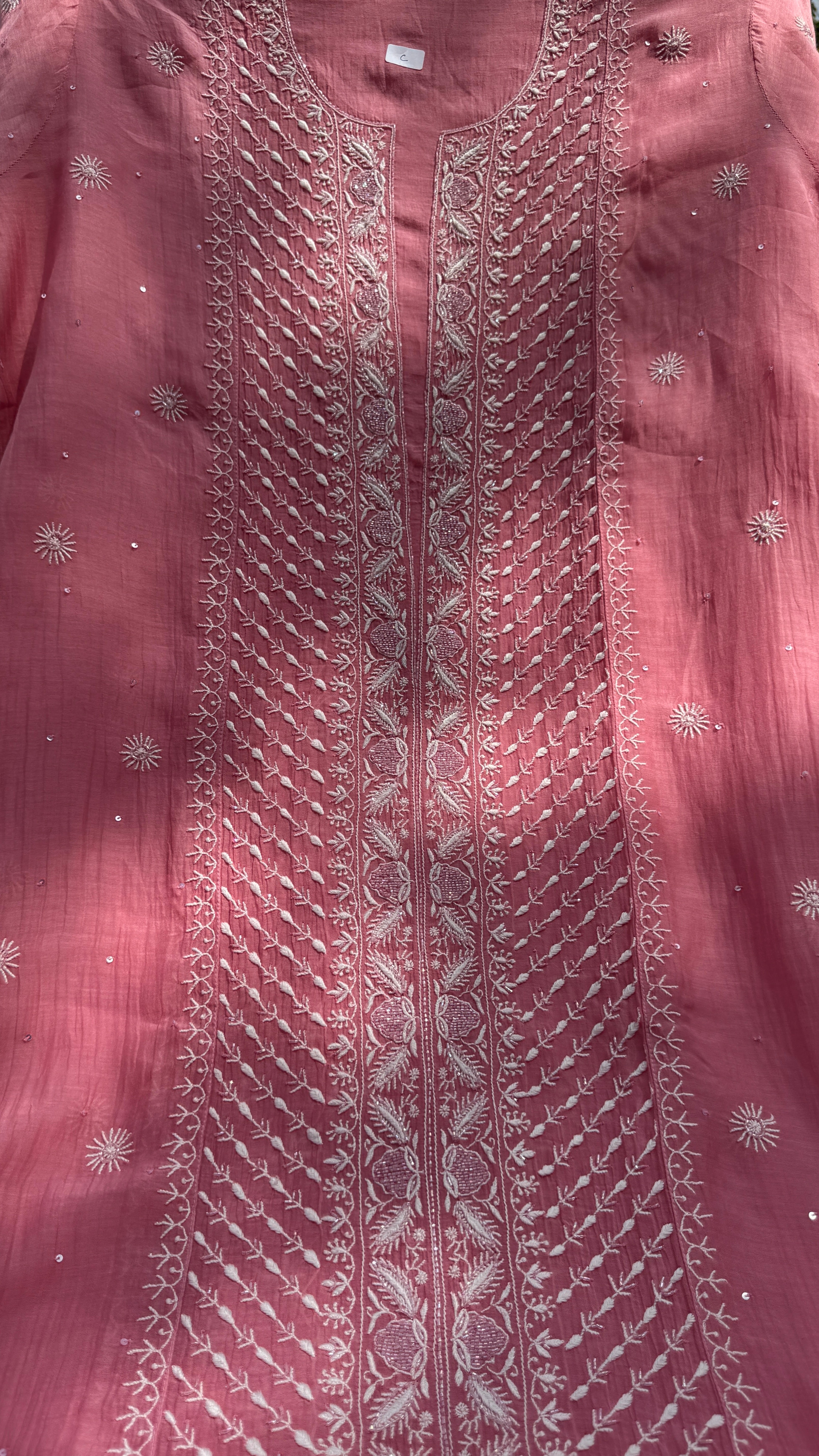 Mul Chanderi Chikankari - Unstitched Set - Rosewood