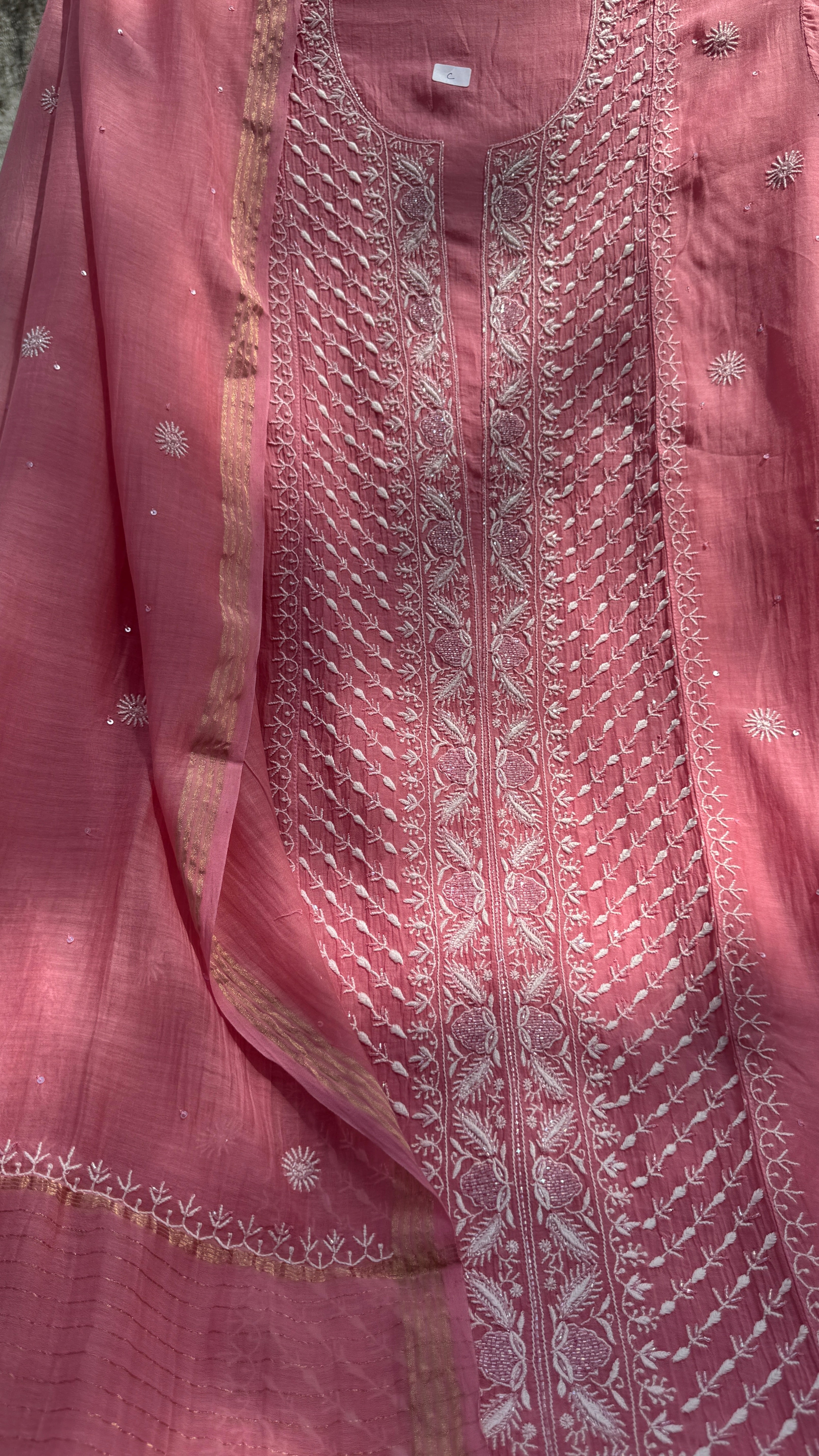 Mul Chanderi Chikankari - Unstitched Set - Rosewood