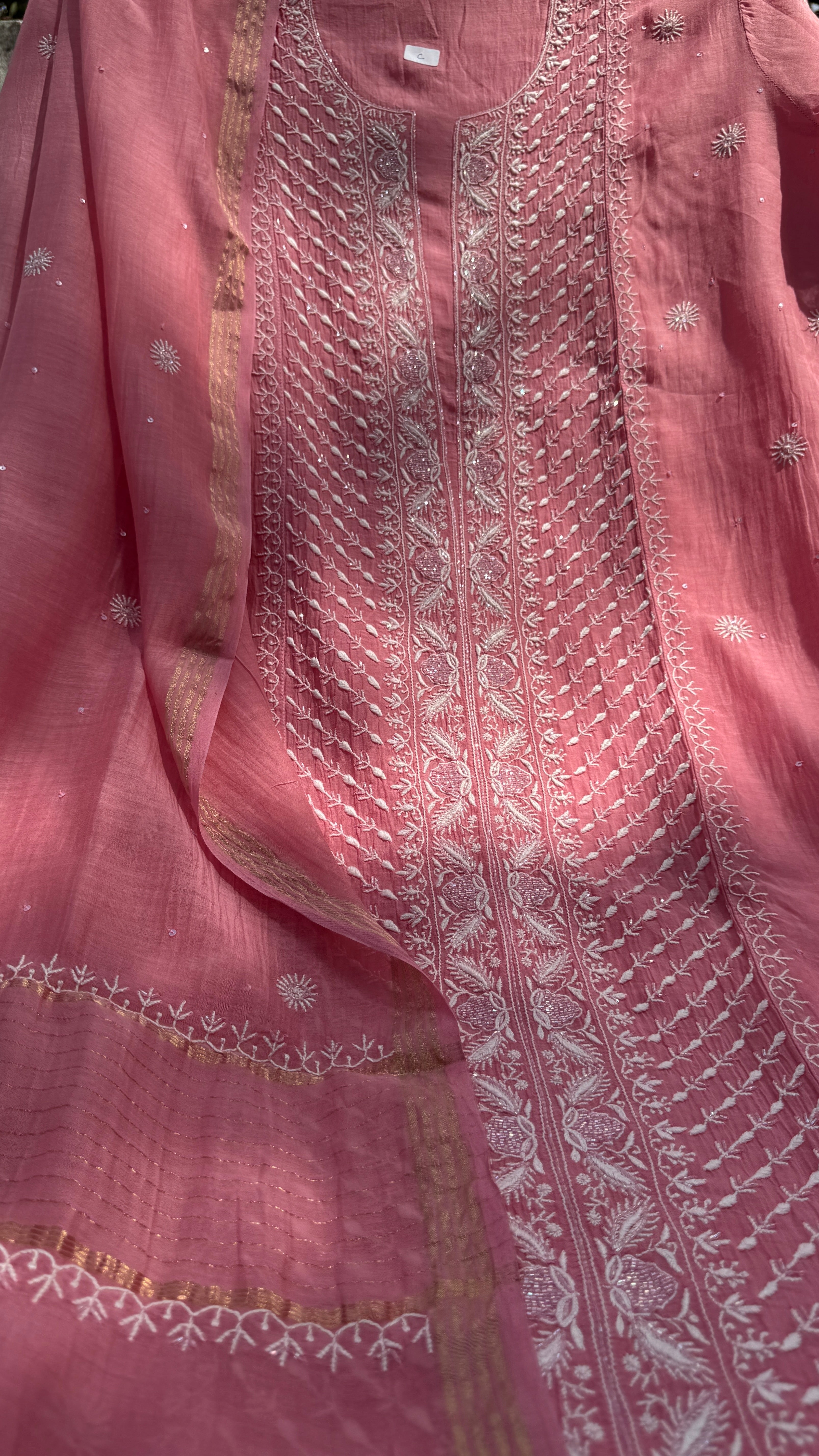Mul Chanderi Chikankari - Unstitched Set - Rosewood
