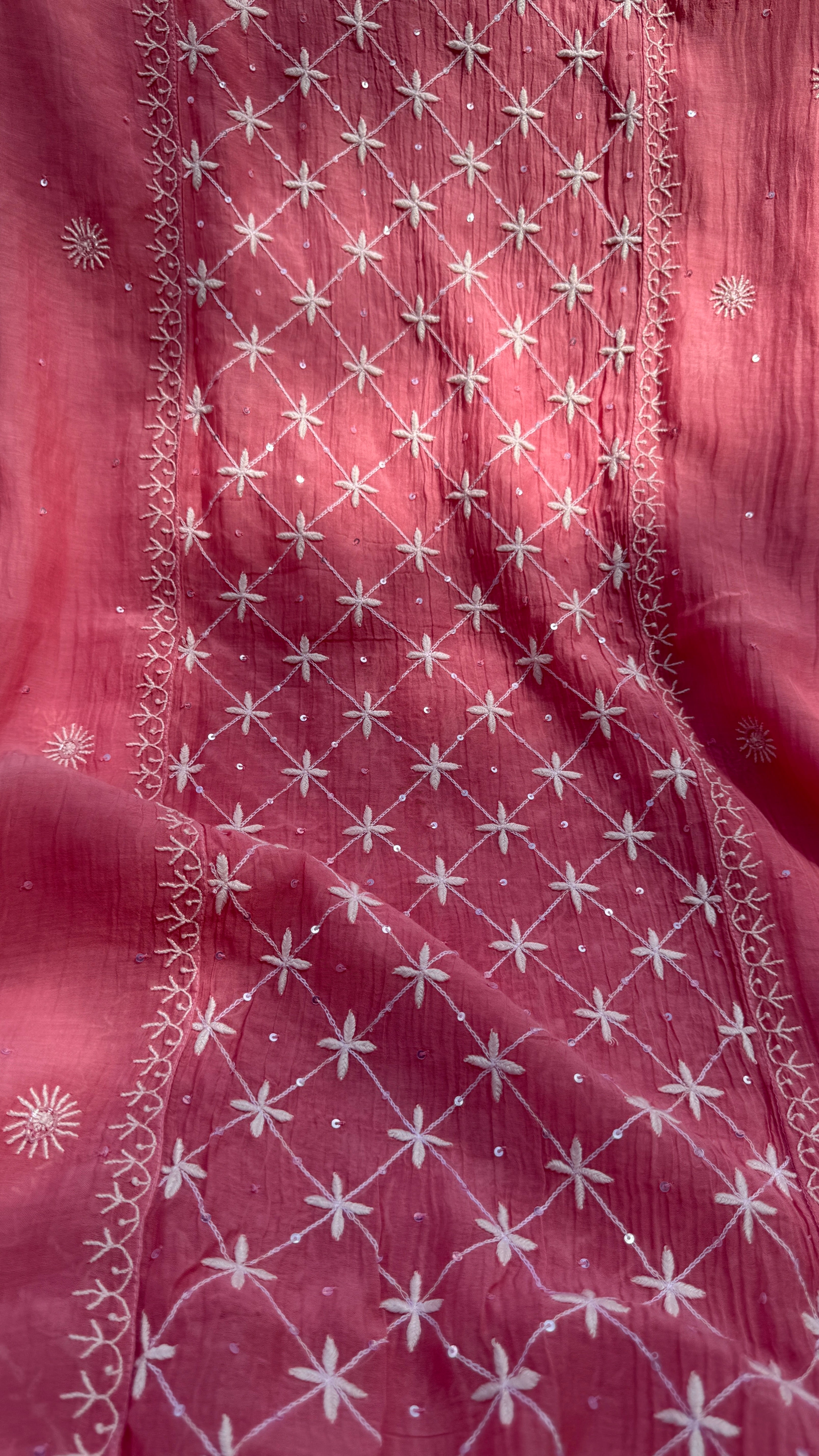 Mul Chanderi Chikankari - Unstitched Set - Rosewood