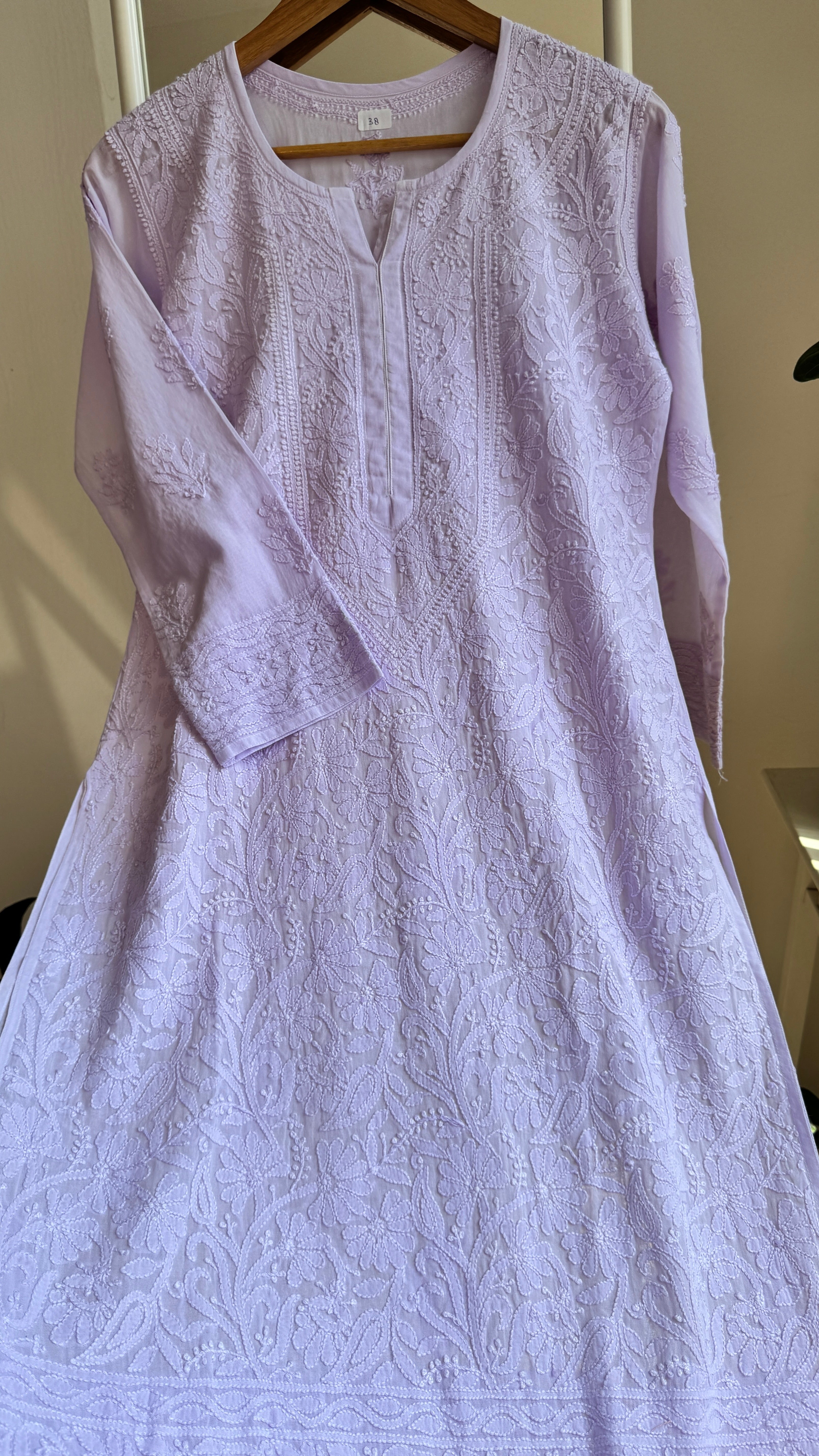 Pure Cotton Chikankari Full Jaal Kurti - Lavander - Naaz Collection