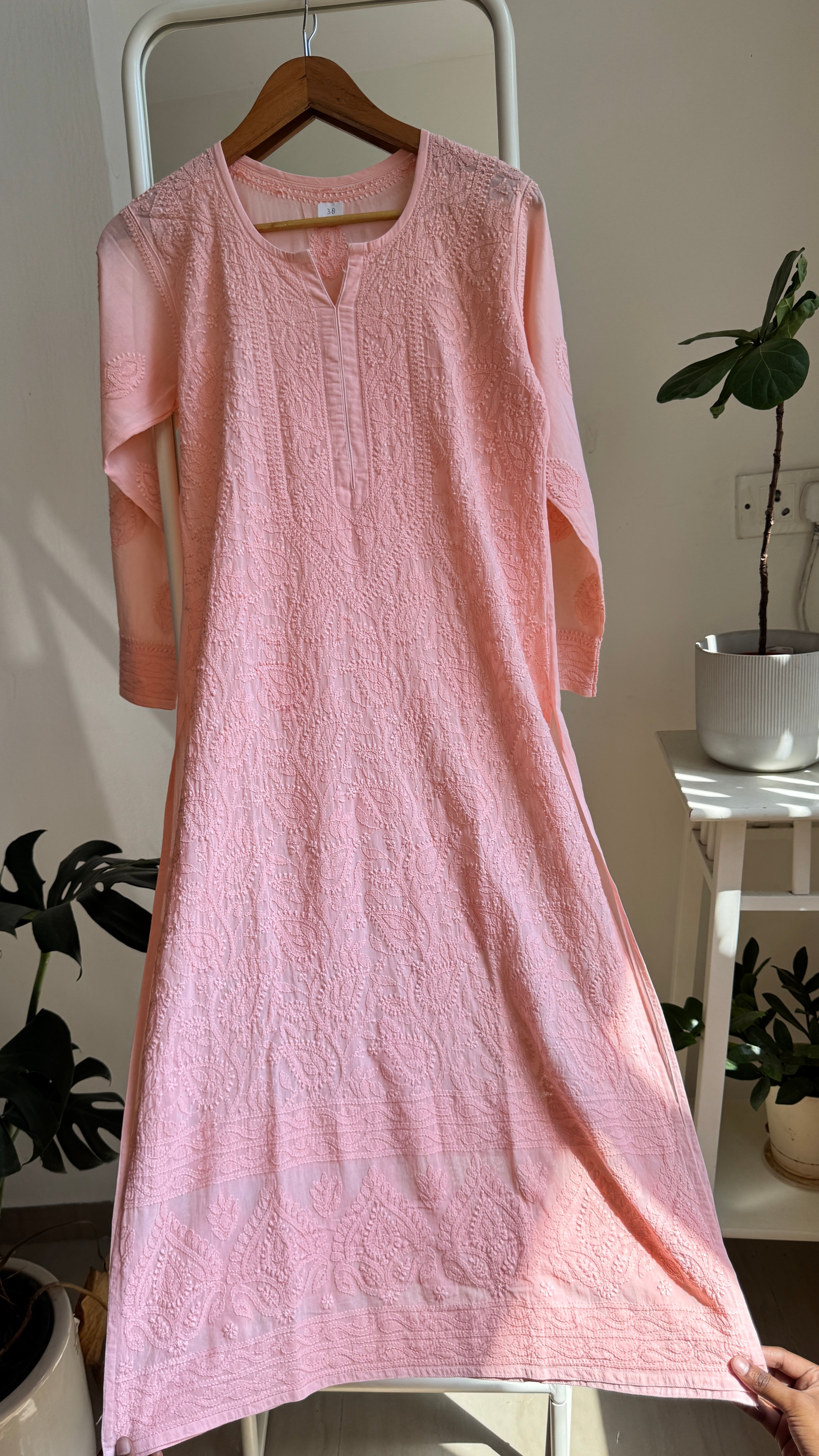 Pure Cotton Chikankari Full Jaal Kurti - Peach - Naaz Collection