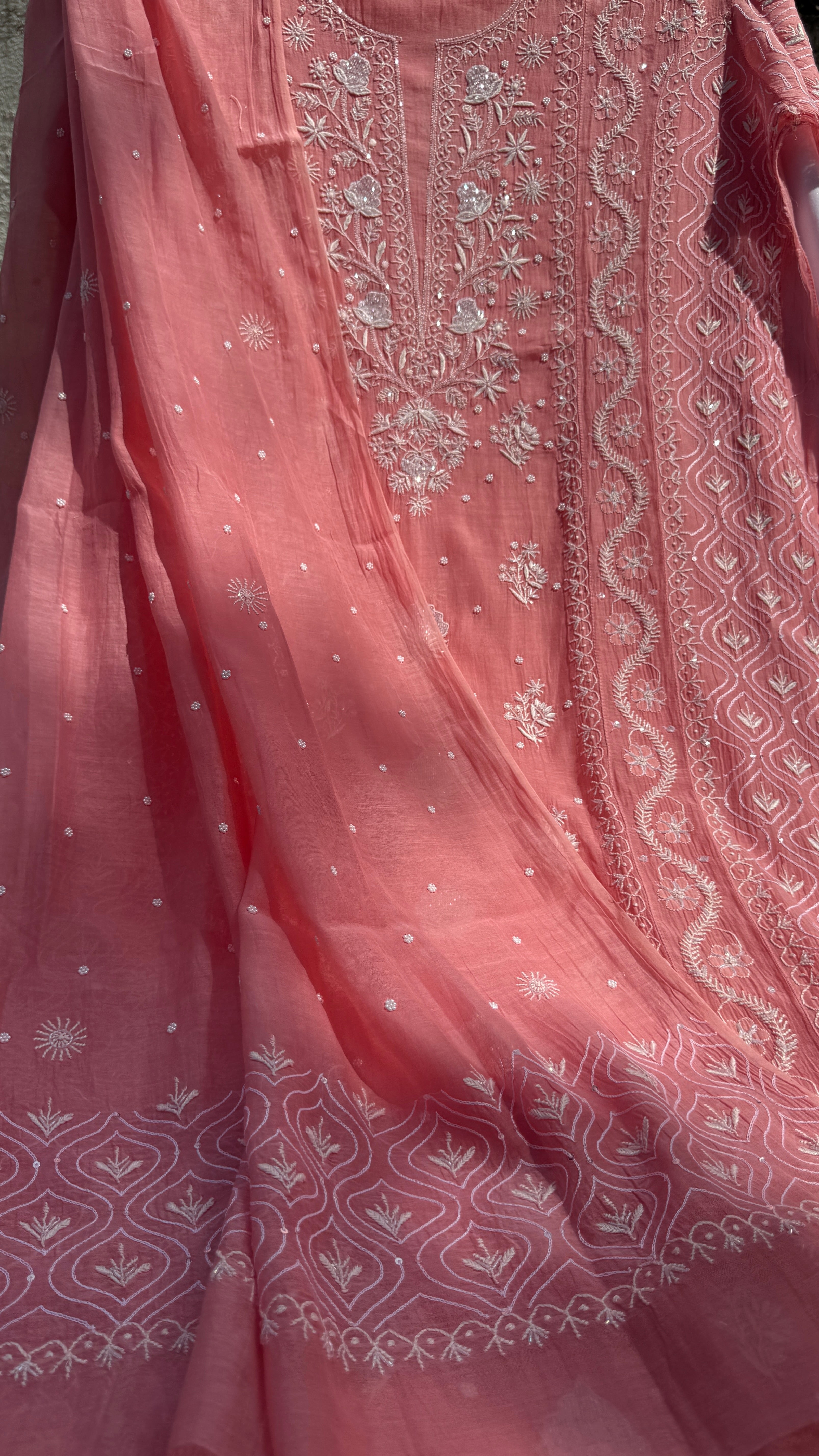 Mul Chanderi Chikankari - Unstitched Set - Rosewood Pink