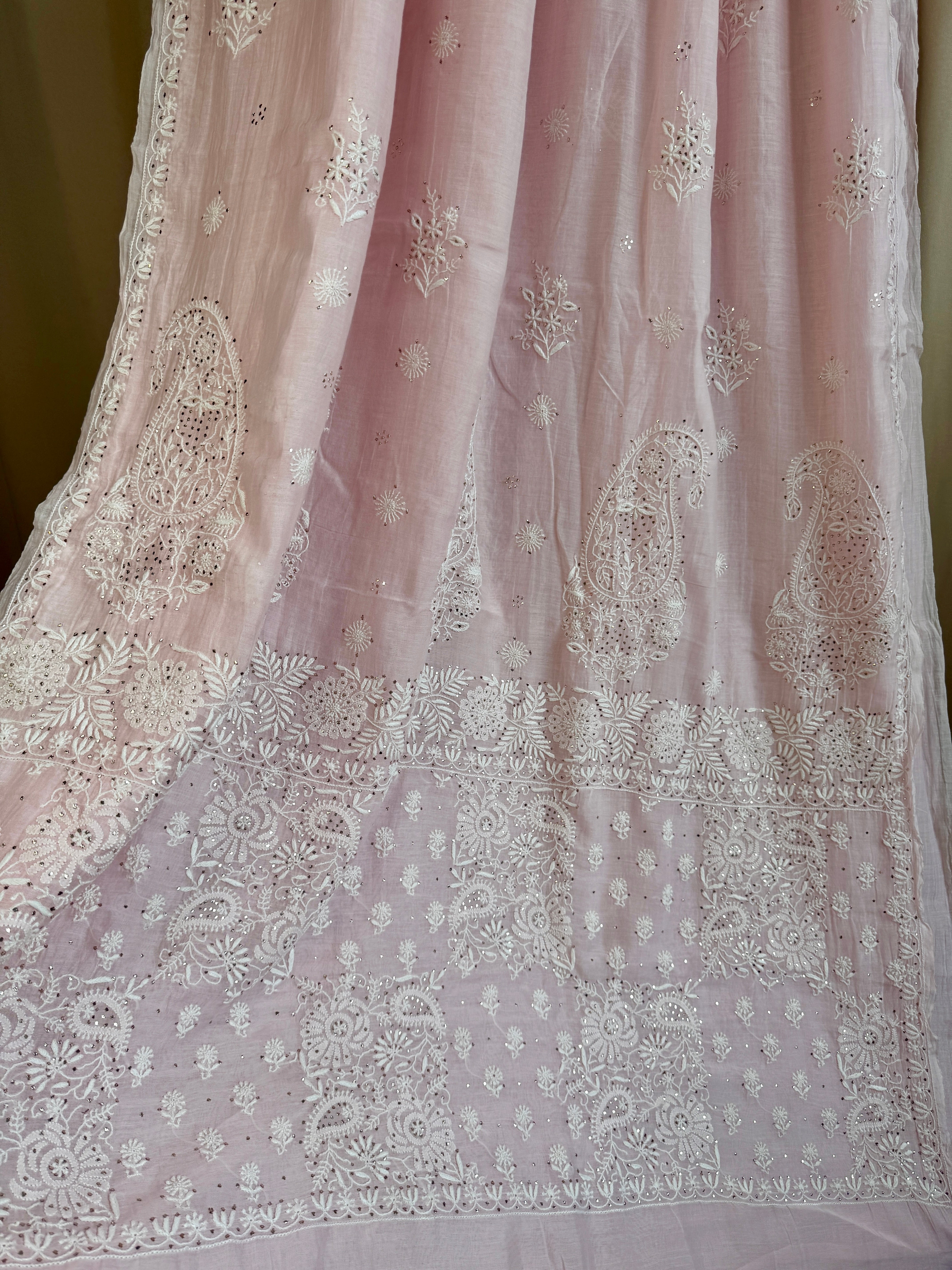 Pure Mul Cotton Chikankari saree in Pink with Mukaish work ARIAA CHIKANKARI