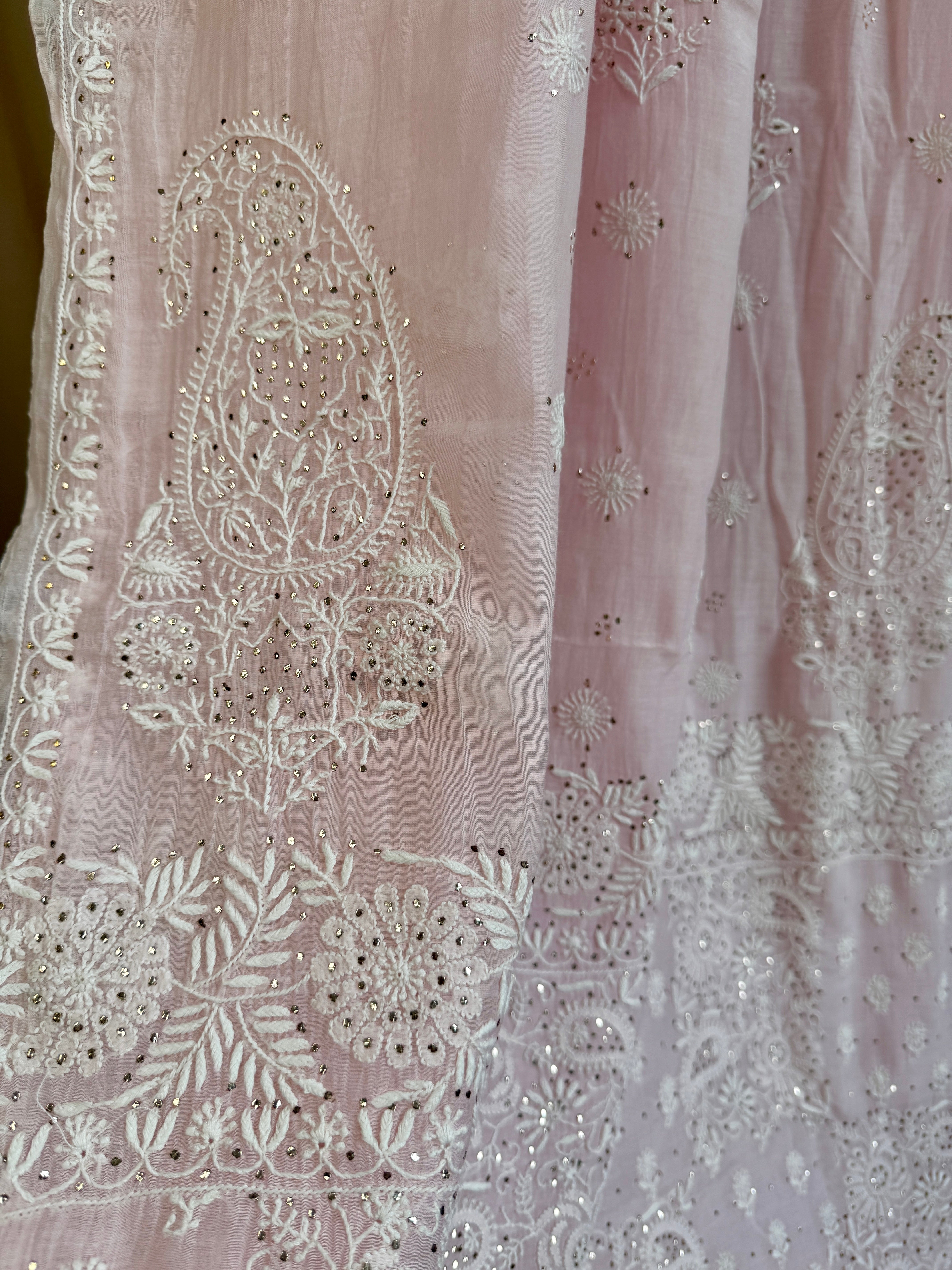 Pure Mul Cotton Chikankari saree in Pink with Mukaish work ARIAA CHIKANKARI