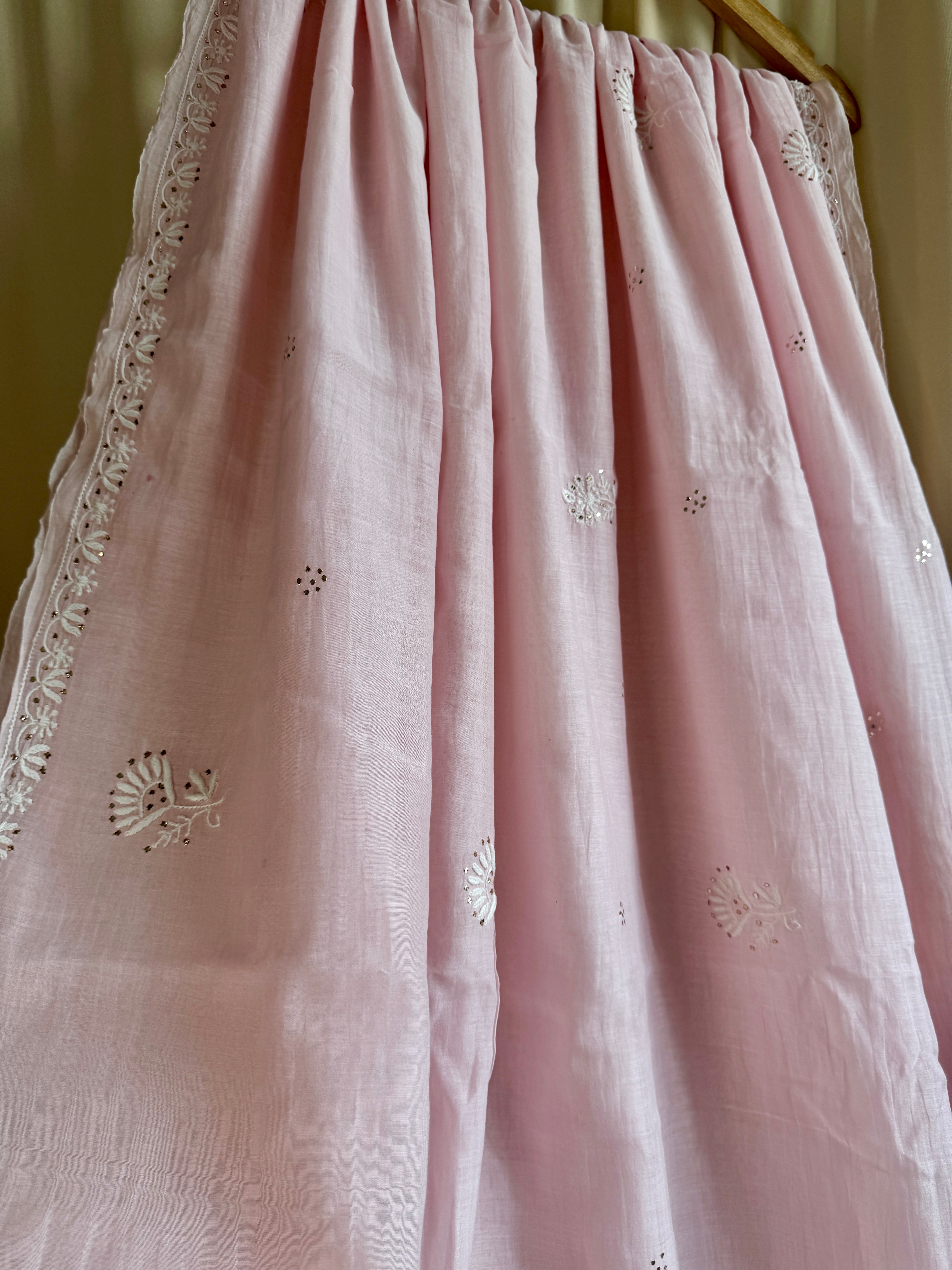 Pure Mul Cotton Chikankari saree in Pink with Mukaish work ARIAA CHIKANKARI