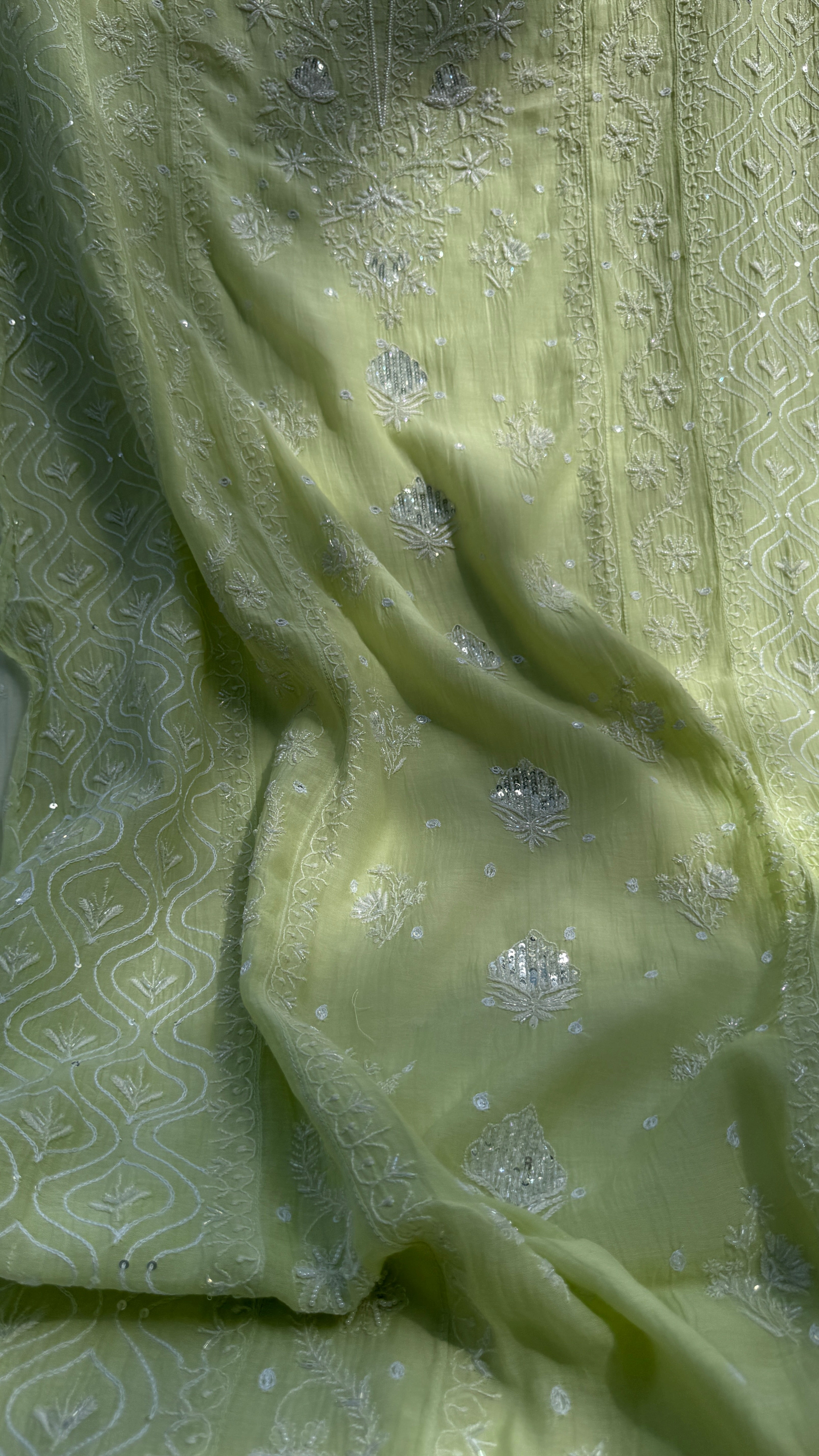 Mul Chanderi Chikankari - Unstitched Set - Lime Green