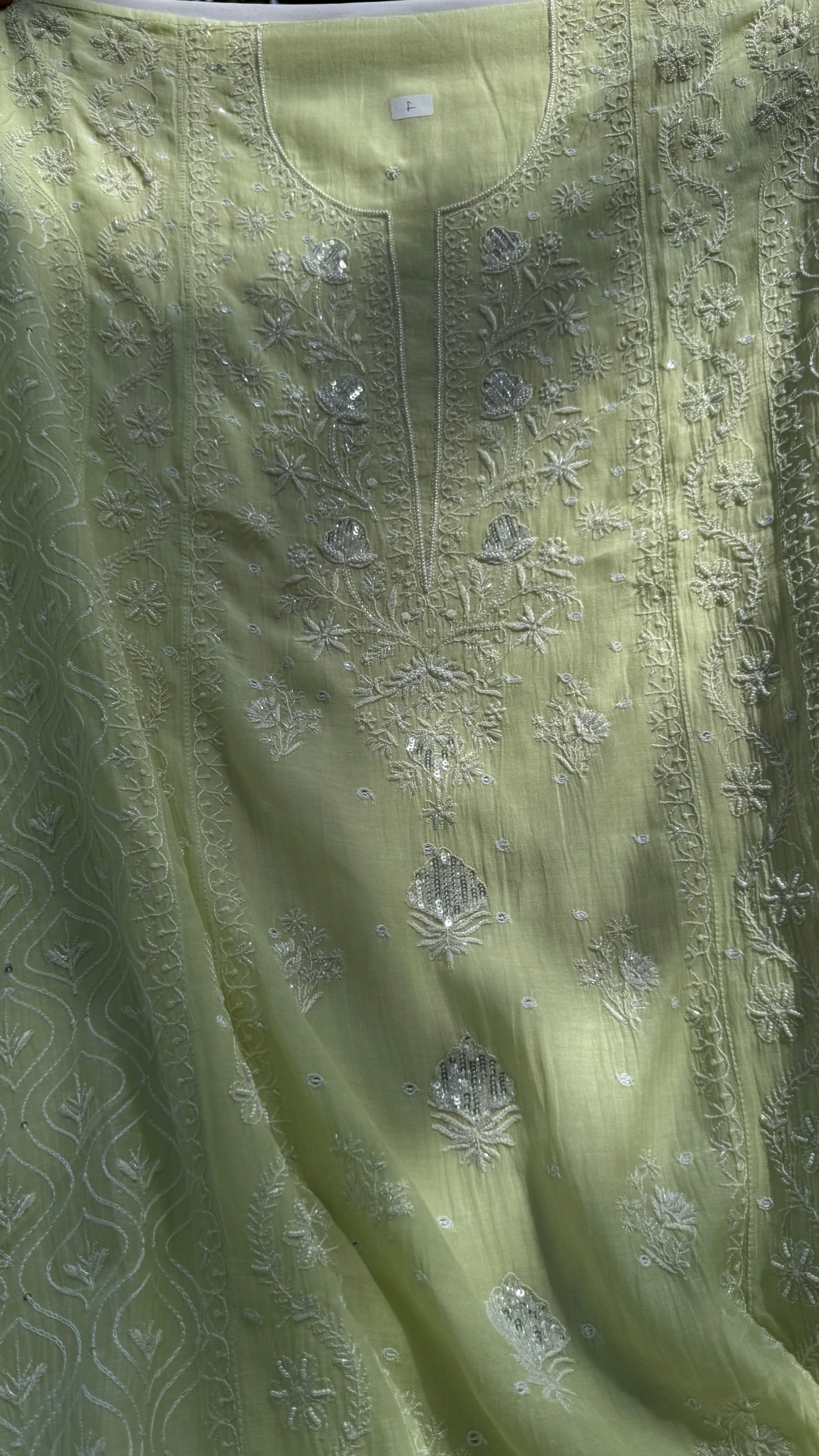 Mul Chanderi Chikankari - Unstitched Set - Lime Green