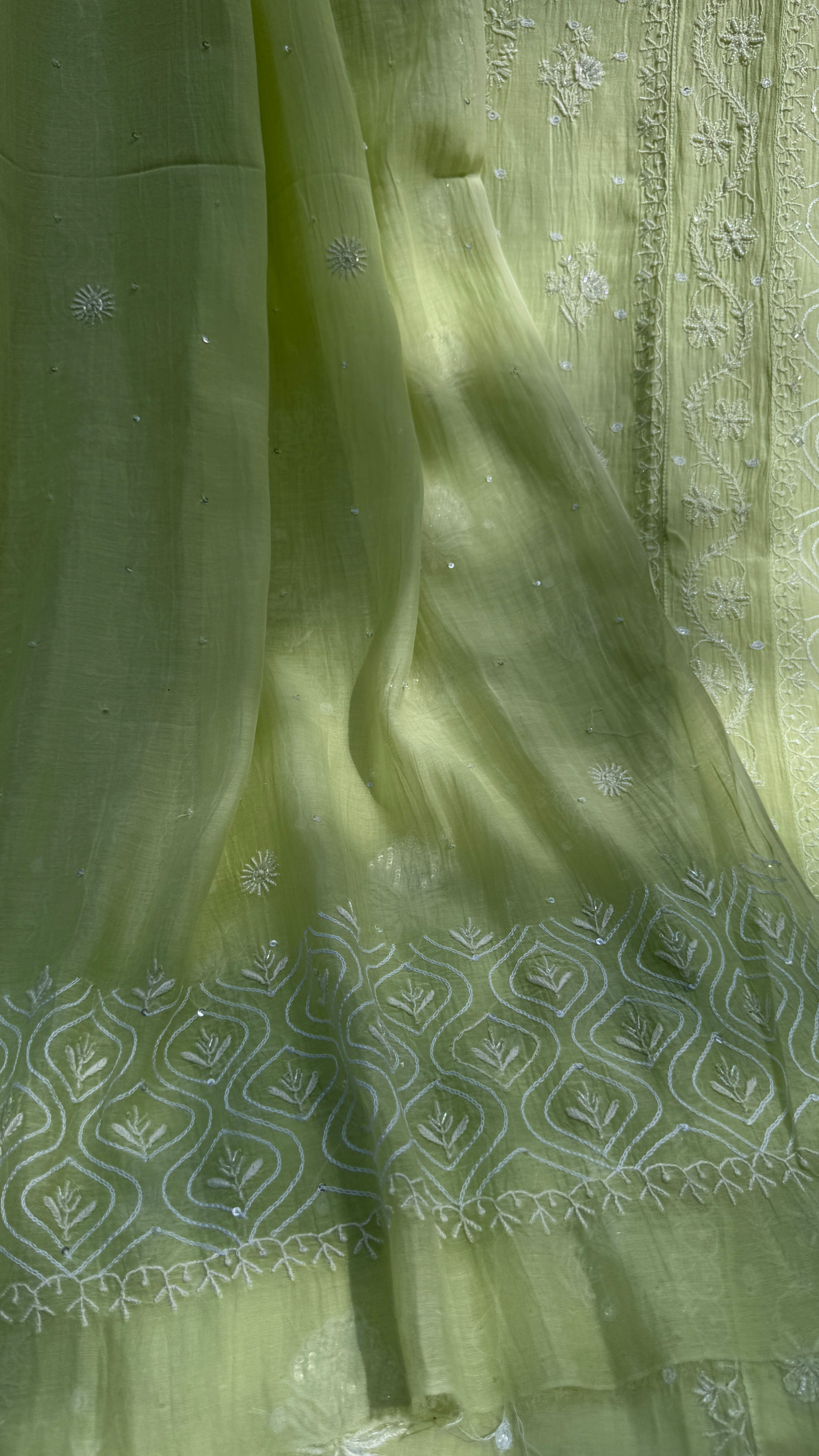 Mul Chanderi Chikankari - Unstitched Set - Lime Green