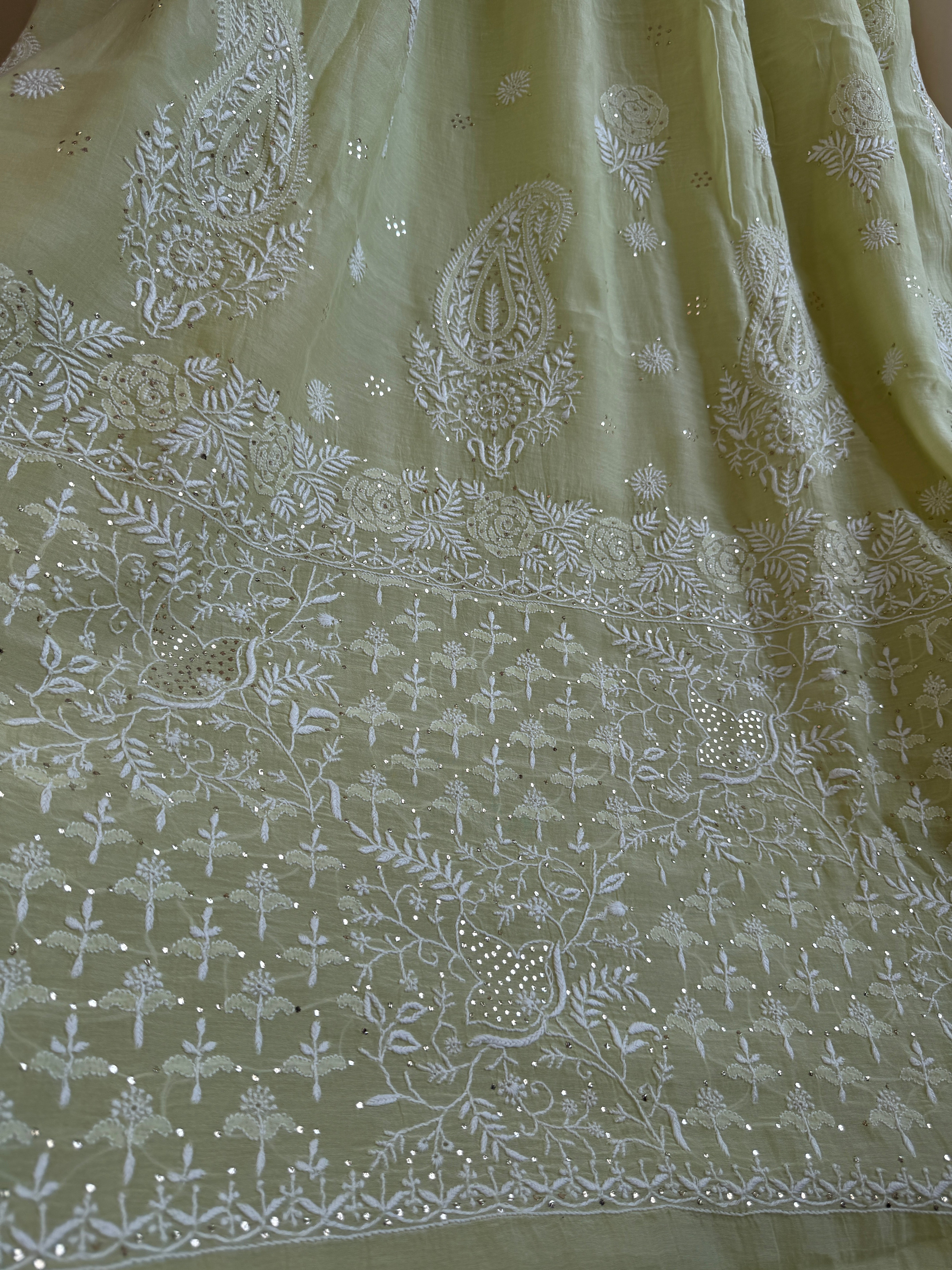 Pure Mul Cotton Chikankari saree in Green with Mukaish work