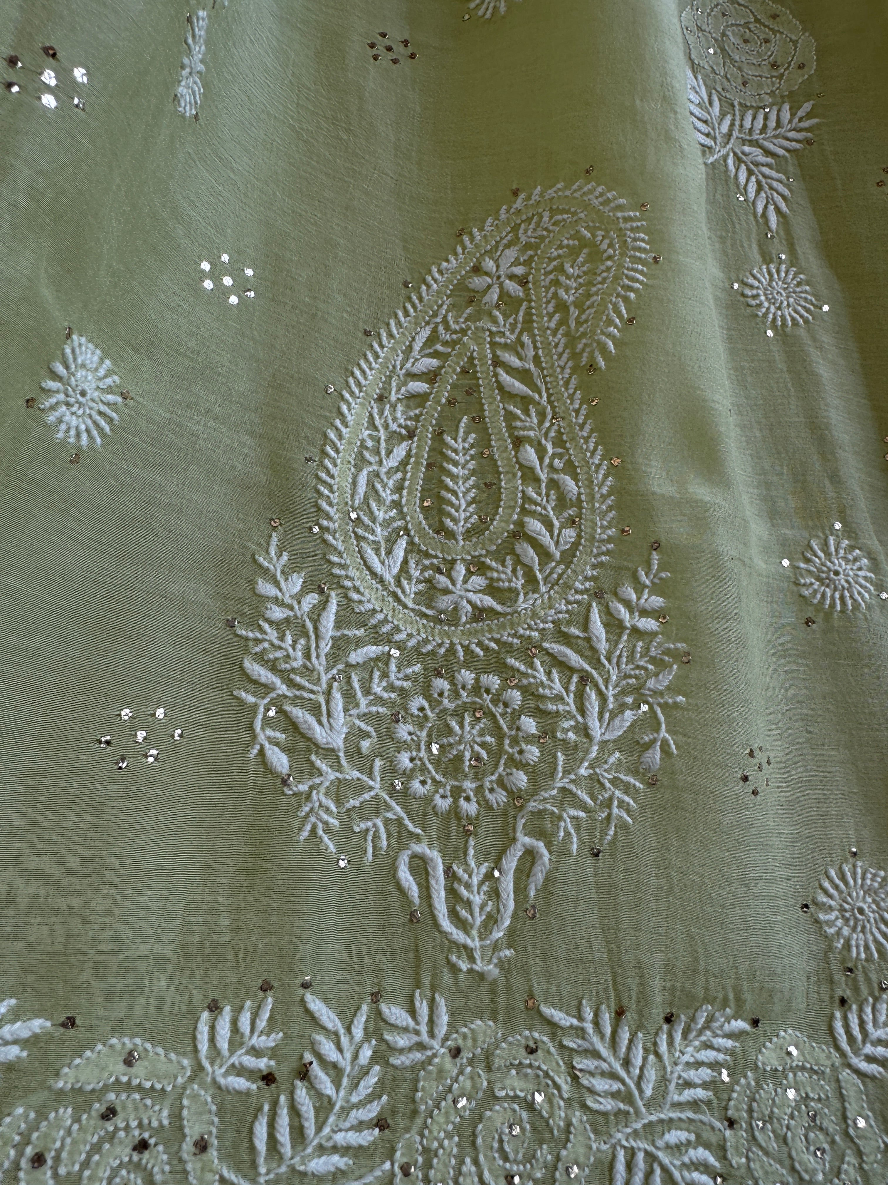 Pure Mul Cotton Chikankari saree in Green with Mukaish work