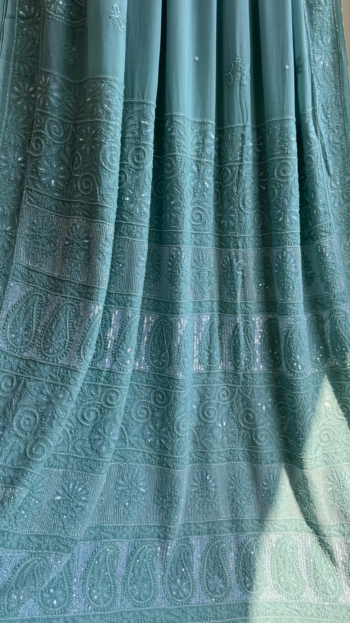 Chikankari saree with Pearl embellishments- Sage Green